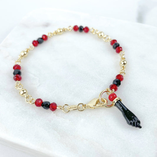 18k Gold Filled Red, Black & Gold Beads, Simulated Azabache, Figa Hand Charms Bracelet, Lucky Protection, Wholesale Jewelry Making Supplies