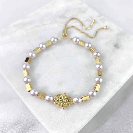 18k Gold Filled 1mm Box Chain, Rectangular Gold & Simulated Pearl, Hamsa Hand Charms, Adjustable Bracelet, Wholesale Jewelry Making Supplies
