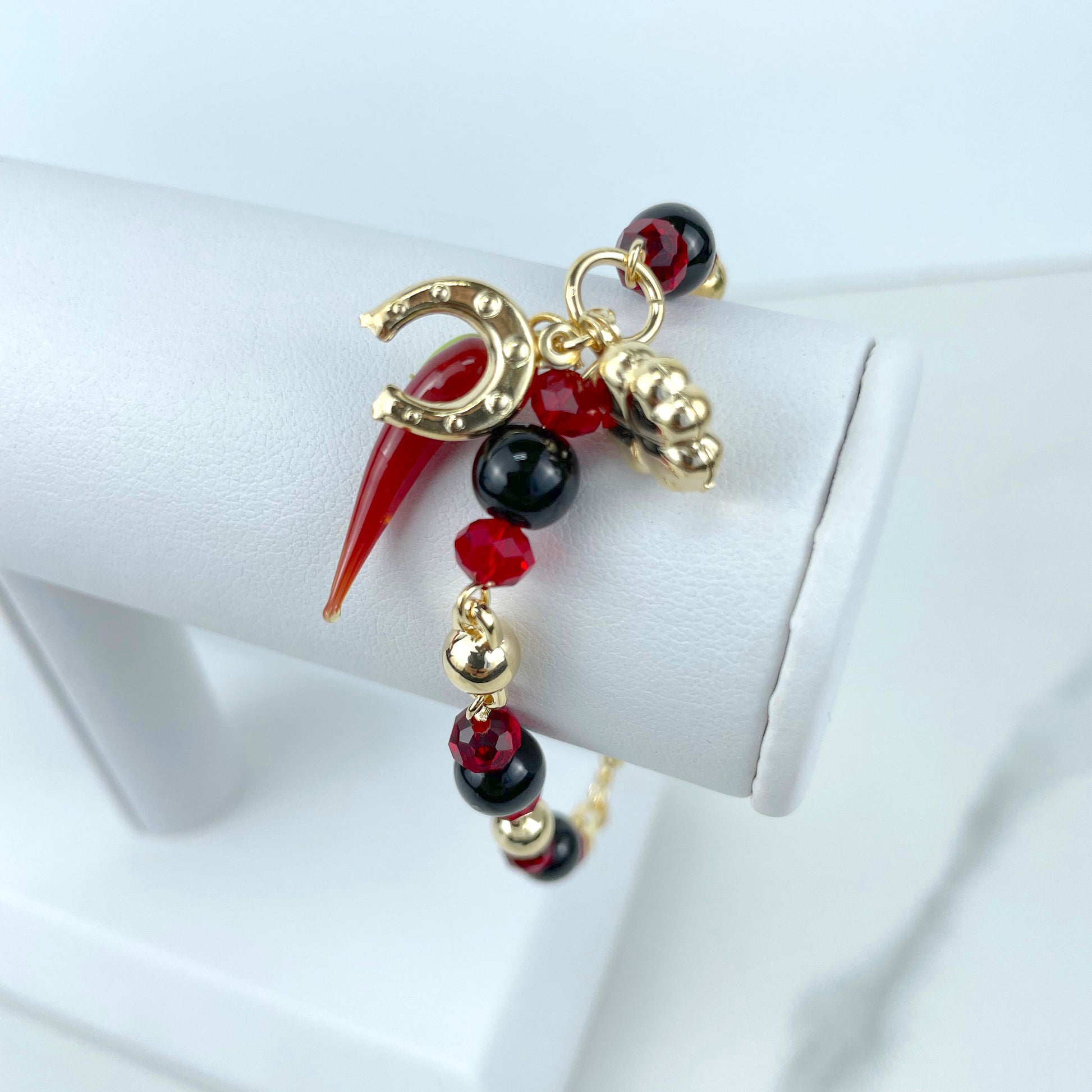 18k Gold Filled Black, Red & Gold  Beads, Chili, Clover, Horseshoe Charms Bracelet, Lucy Protection, Wholesale Jewelry Making Supplies