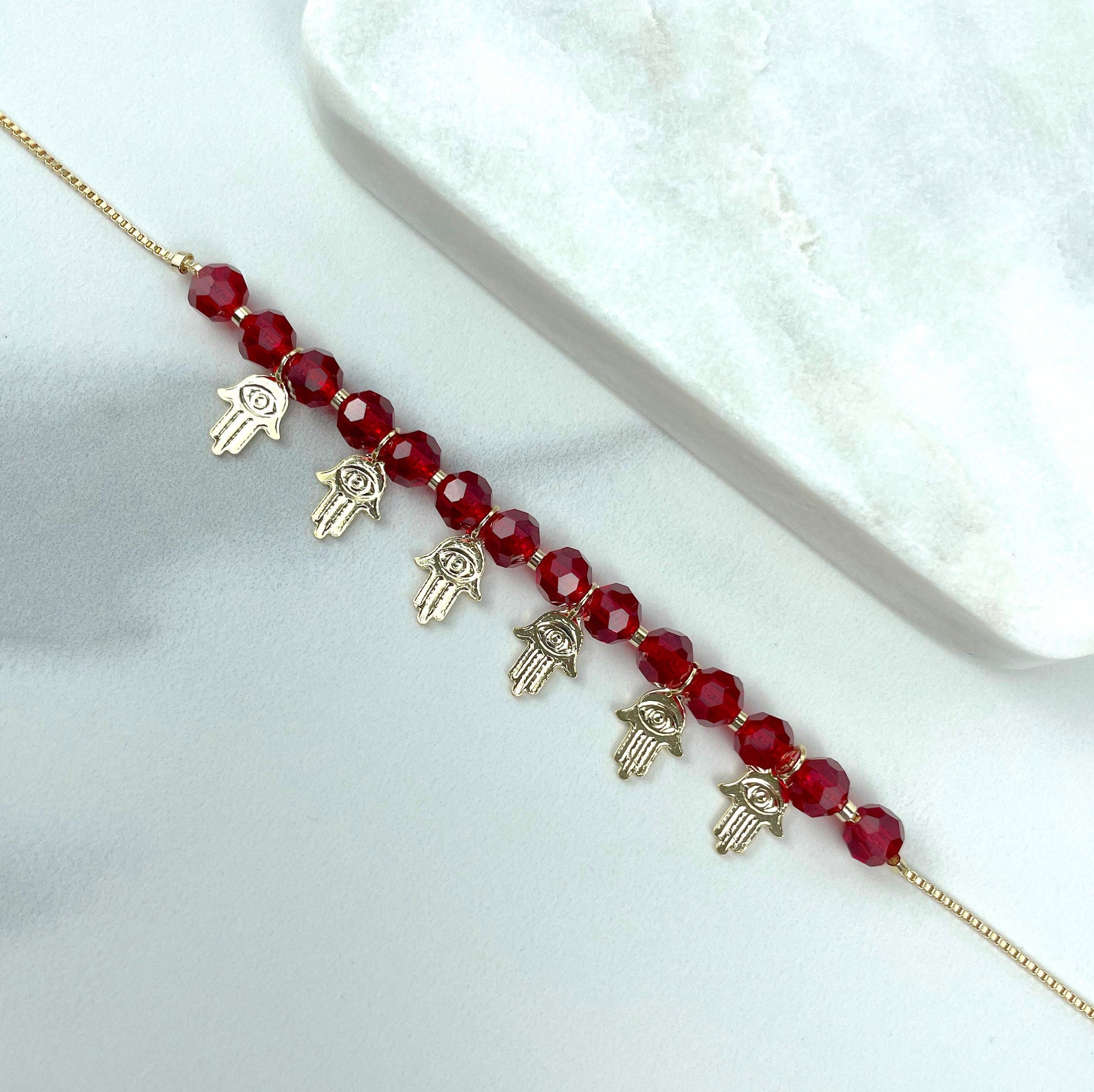 18k Gold Filled 1mm Box Chain, Red Beads, Hamsa Hand Charms Bracelet, Lucky & Protection, Wholesale Jewelry Making Supplies