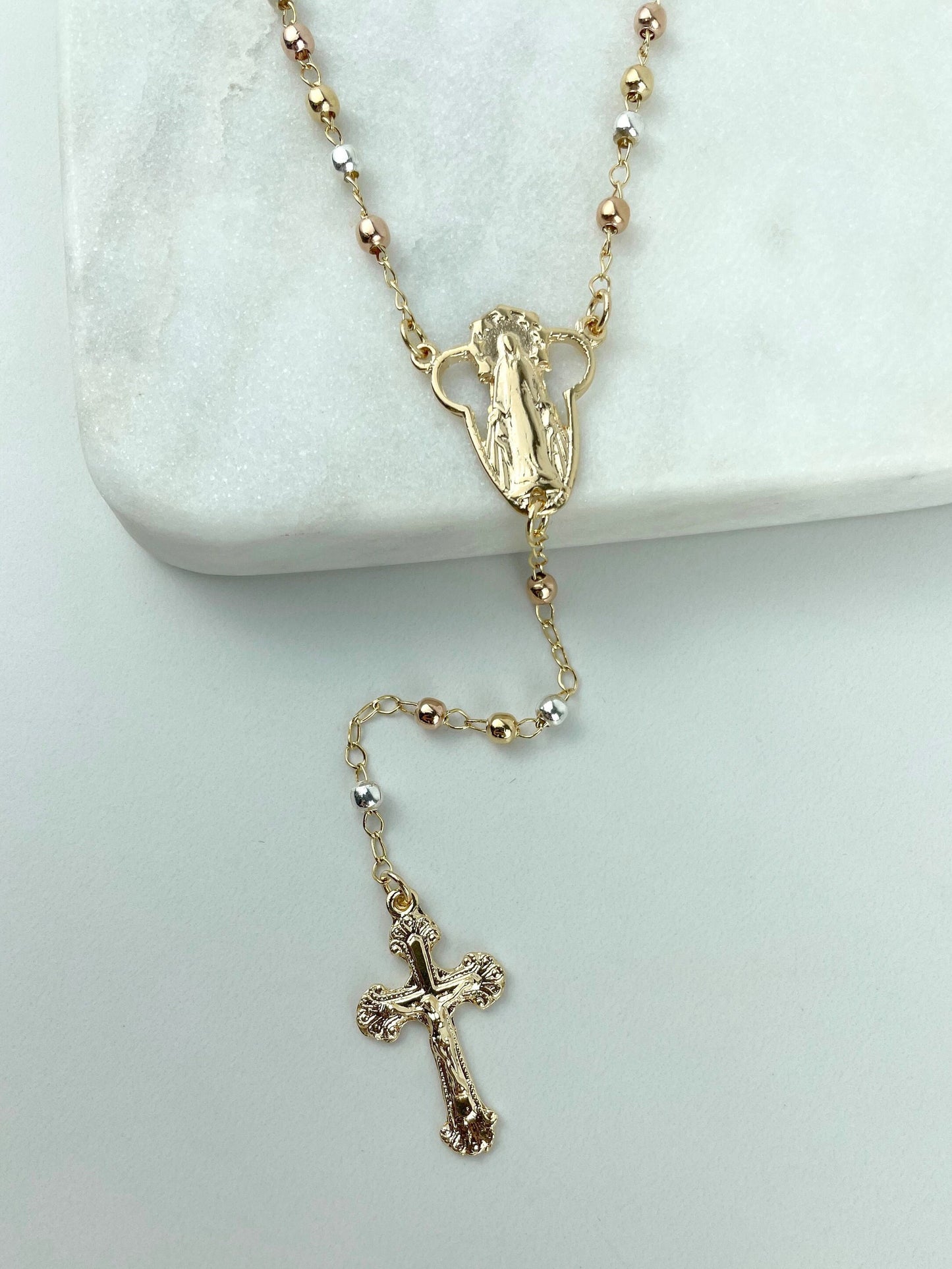18k Gold Filled Virgen Milagrosa Three Tone Rosary With Crucifix, 20 Inches, Wholesale Jewelry Making Supplies