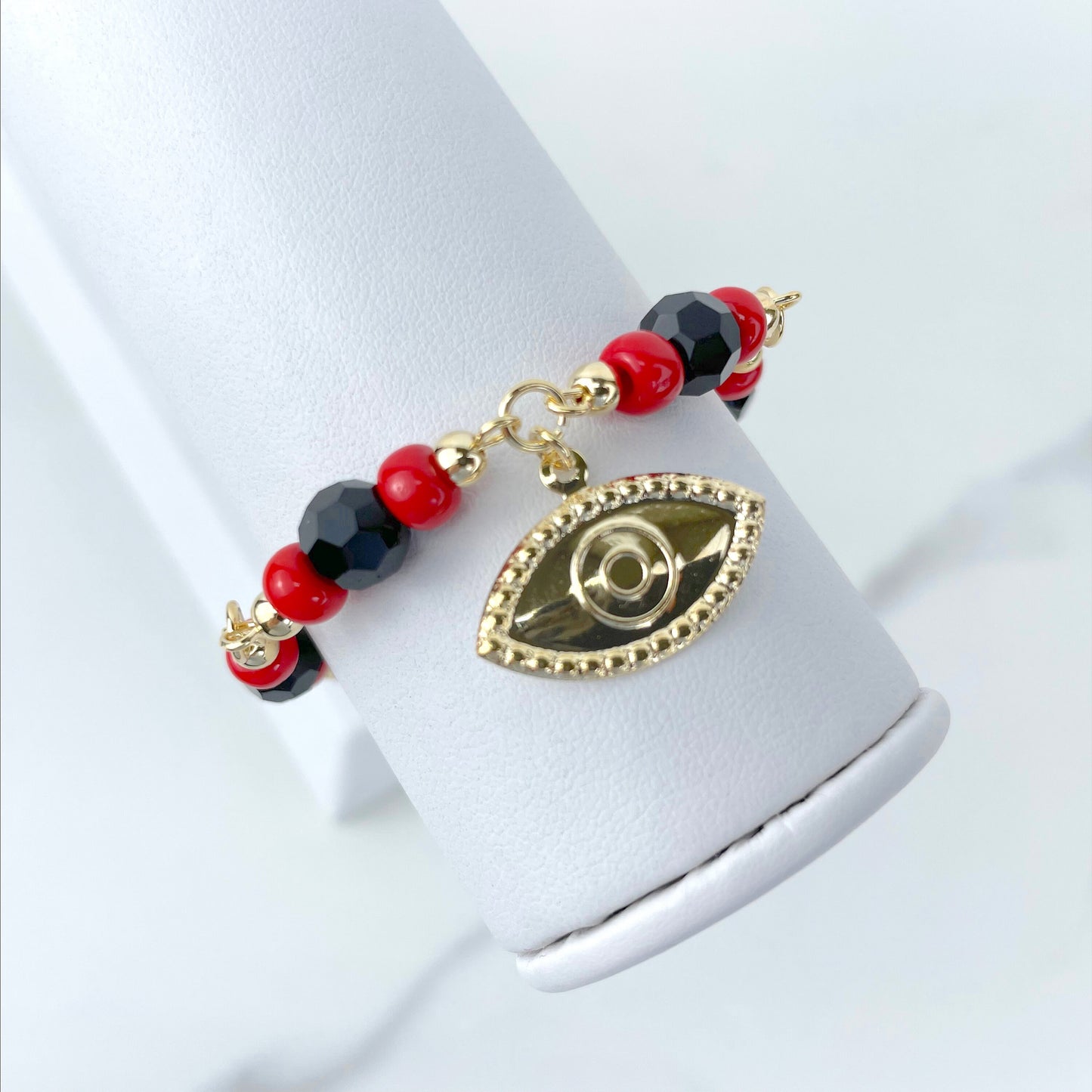 18k Gold Filled Black, Red & Gold Beads, Simulated Azabache, Evil Eye Charms Bracelet Wholesale Jewelry Making Supplies