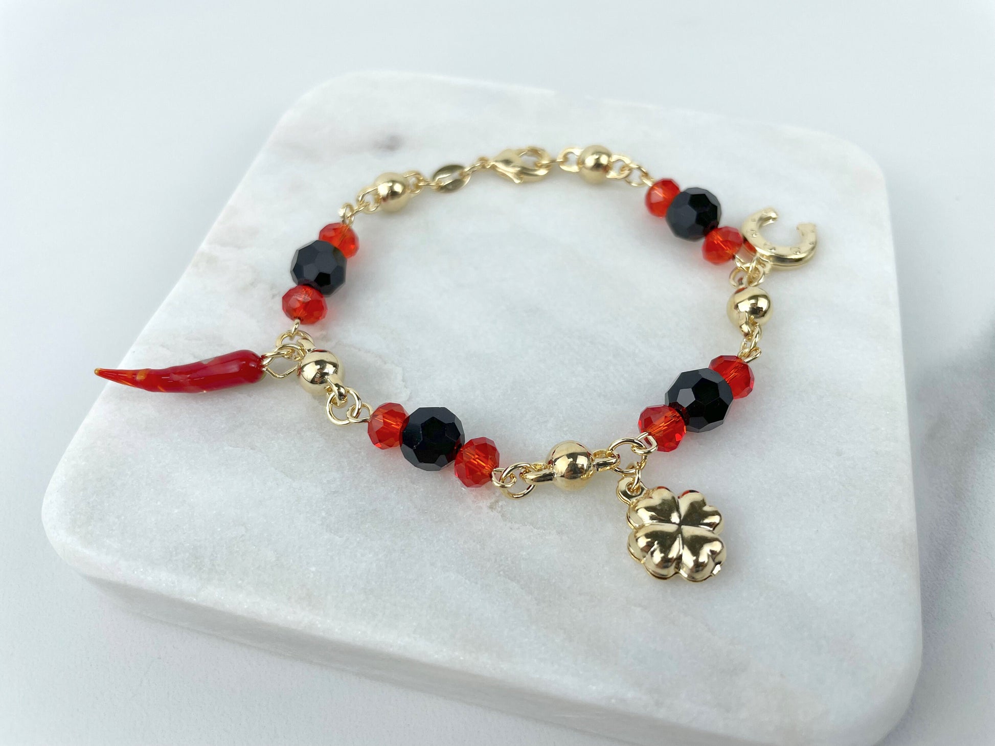 18k Gold Filled Black, Red and Gold Beads, Simulated Azabache, Clover, Horseshoe, Chili Charms Bracelet Wholesale Jewelry Making Supplies