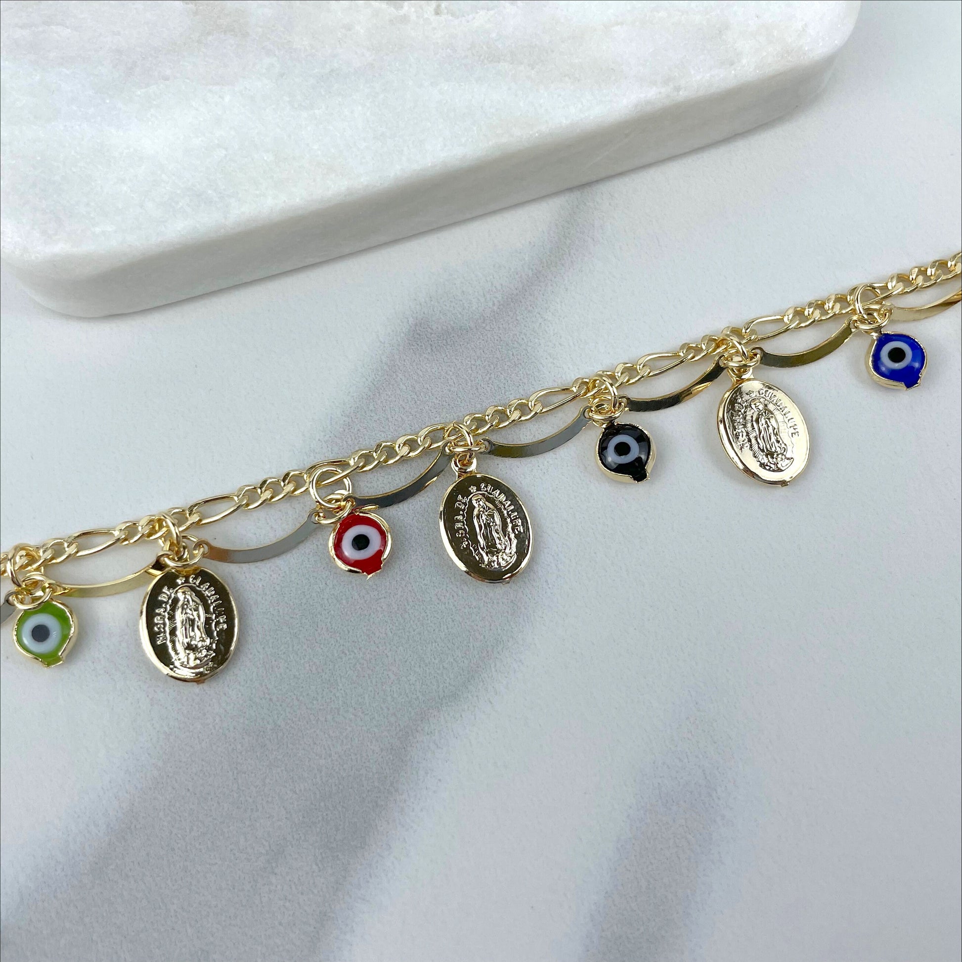 18k Gold Filled Double Chains, Mariner Link, Guadalupe Virgin, Colored Evil Eye Charms Anklet Wholesale Jewelry Making Supplies