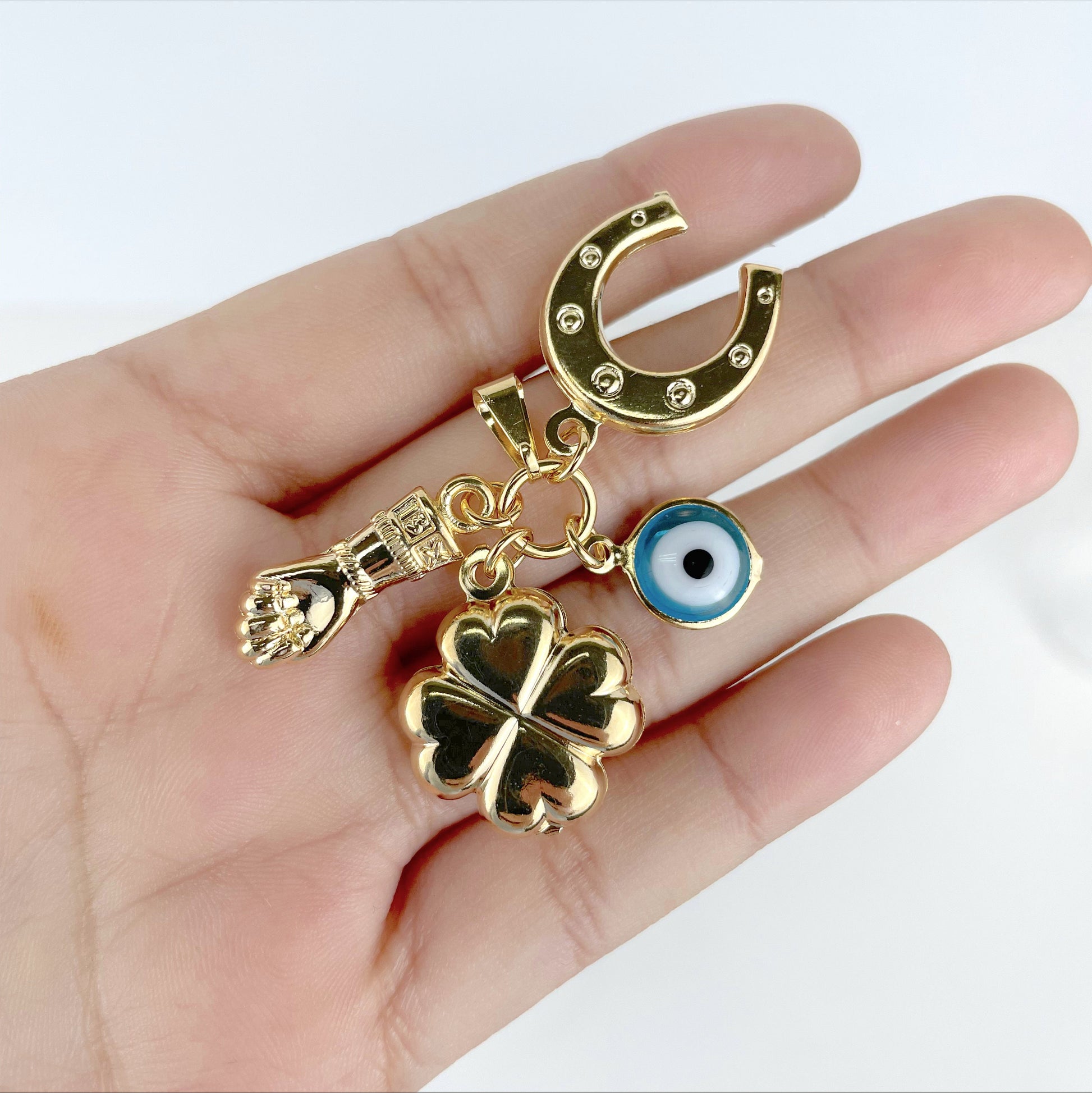 18k Gold Filled Figa Hand, Clover, Horseshoes, Evil Eye, Greek Eye Charm Pendant, Lucky Protection, Wholesale Jewelry Making Supplies