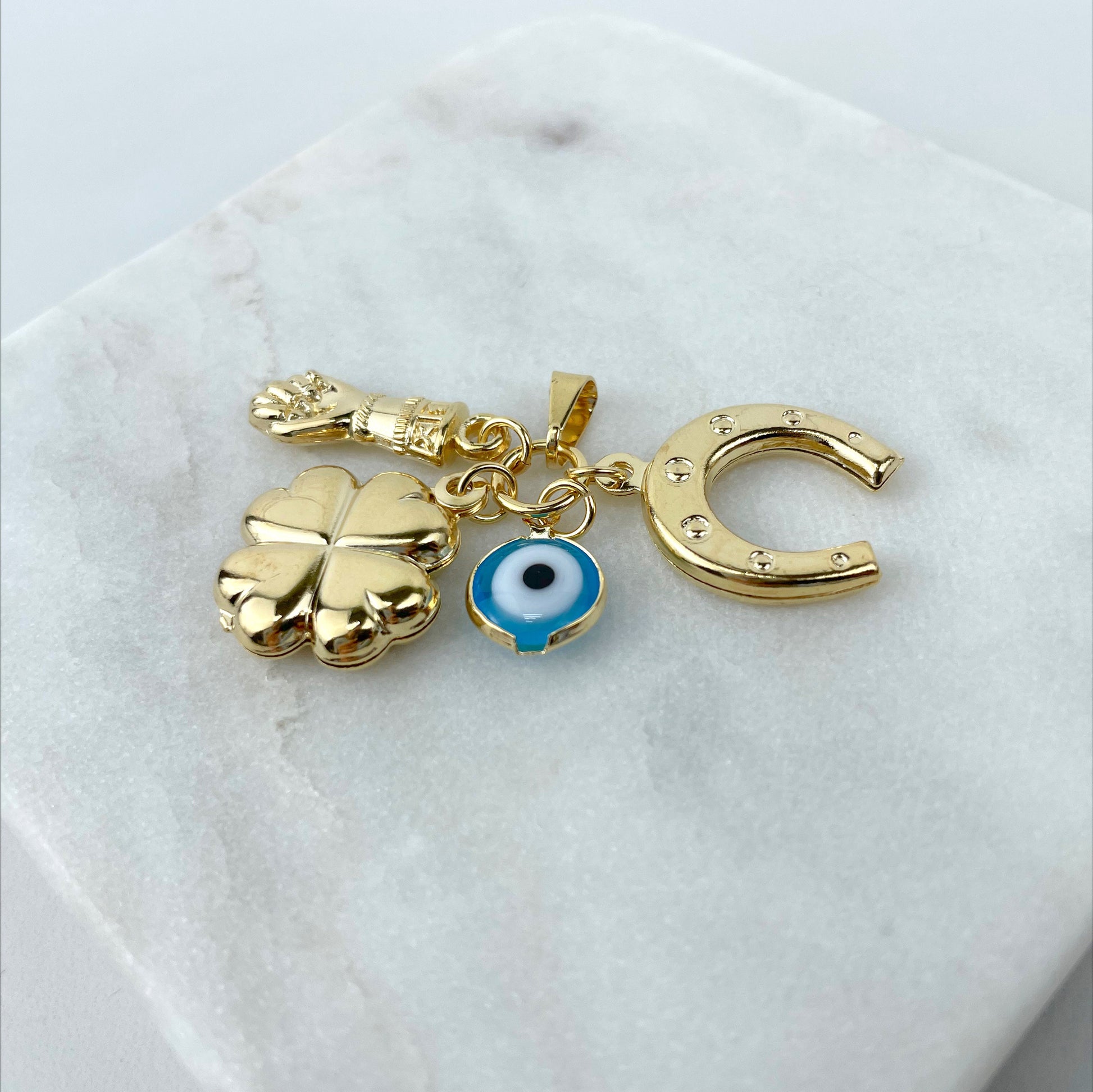 18k Gold Filled Figa Hand, Clover, Horseshoes, Evil Eye, Greek Eye Charm Pendant, Lucky Protection, Wholesale Jewelry Making Supplies