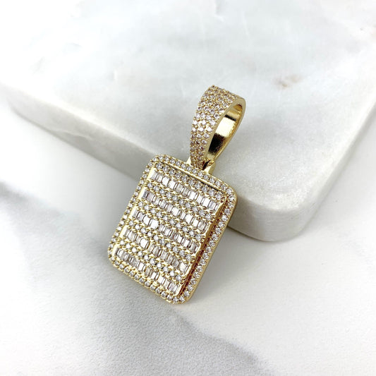 18k Gold Filled, Clear Micro Cubic Zirconia Square Iced Board Pendant Charms, Wholesale Jewelry Making Supplies