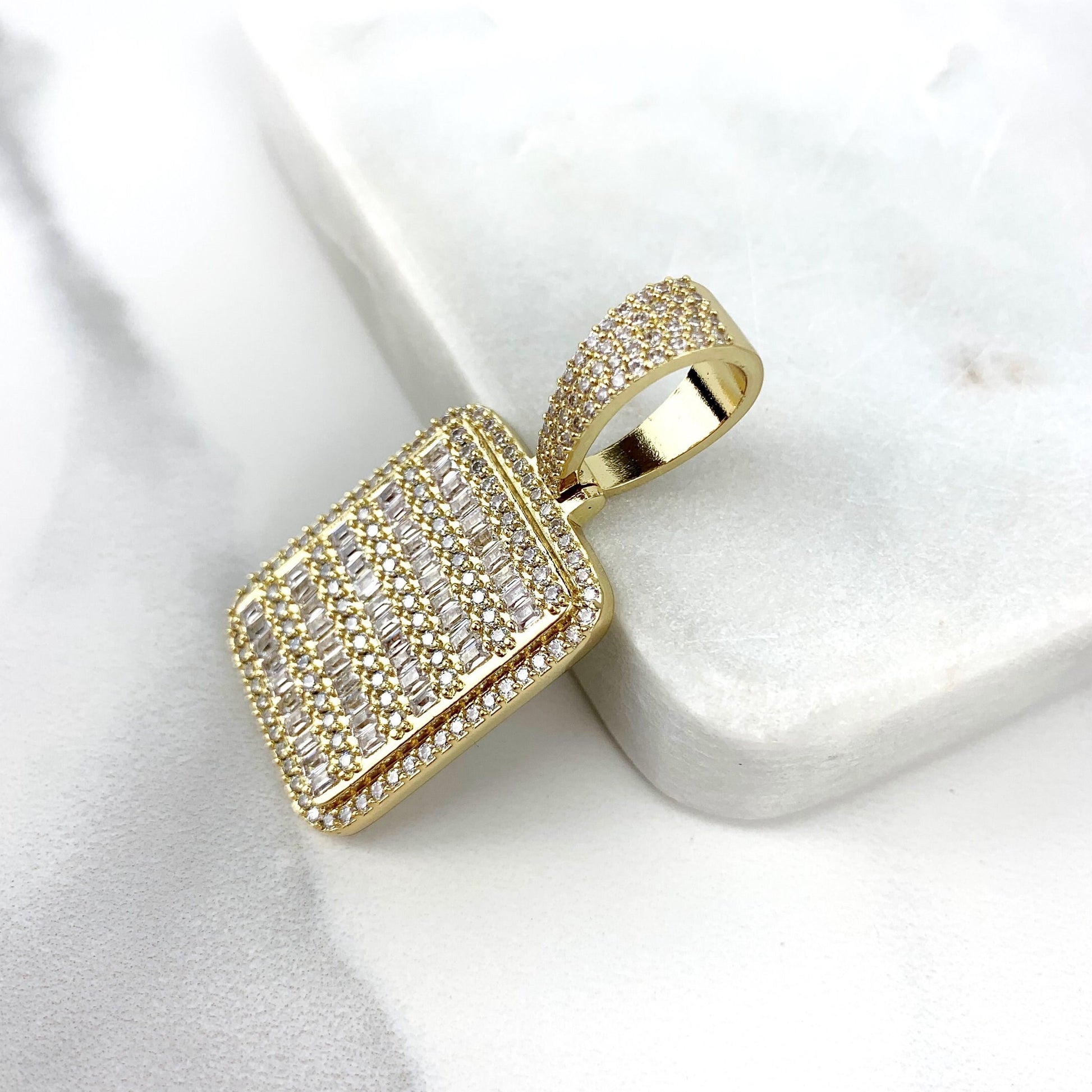 18k Gold Filled, Clear Micro Cubic Zirconia Square Iced Board Pendant Charms, Wholesale Jewelry Making Supplies