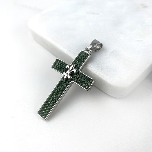 Stainless Steal in Silver Filled Green Cubic Zirconia Crucifix Cross Flower of Lys Pin, Pendant Charms, Wholesale Jewelry Making Supplies