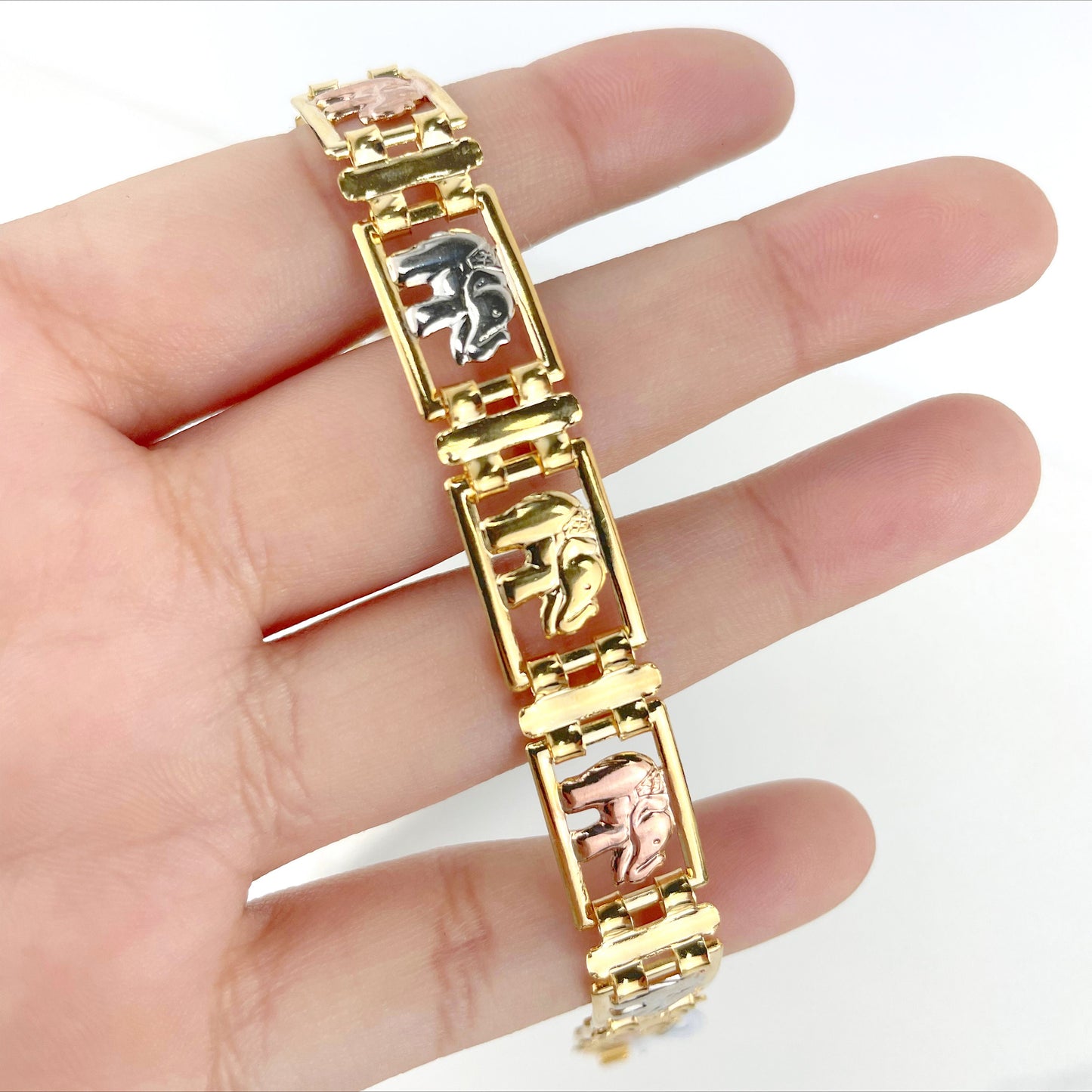 18k Gold Filled Three Tone Linked Elephants Bracelet, Lucky & Protection, Wholesale Jewelry Making Supplies