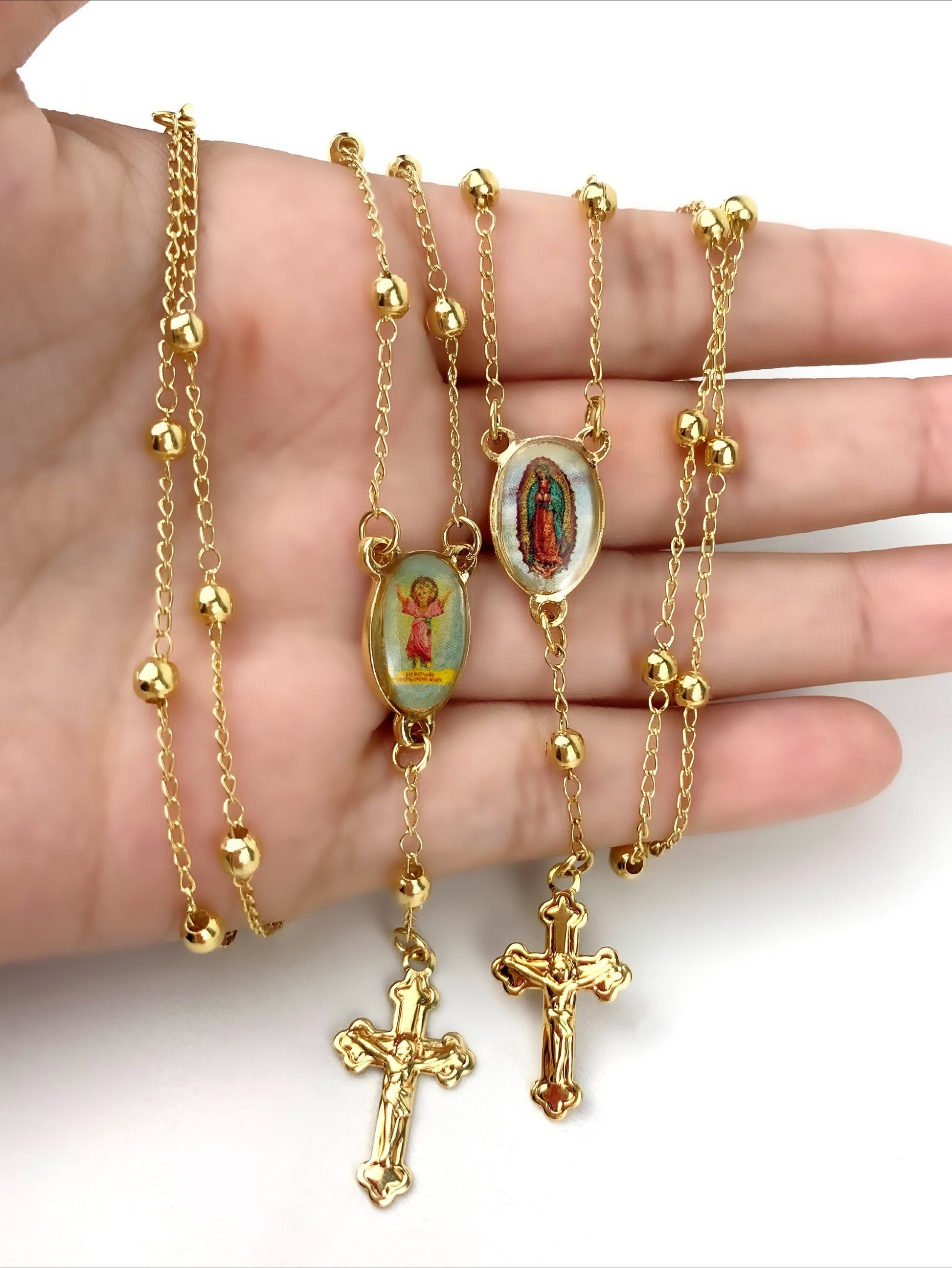 18k Gold Filled Chain & Gold Beads Divine Child, Divino Nino or Our Lady of Guadalupe Rosary Necklace, Wholesale Jewelry Making Supplies