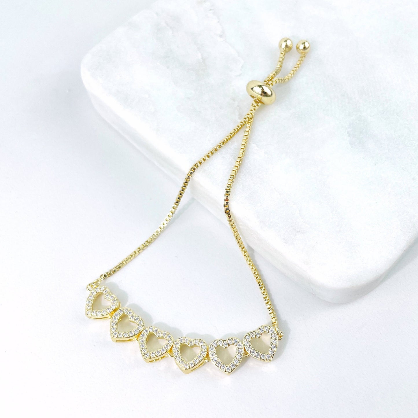 18k Gold Filled 1mm Box Chain, Micro Pave, Cubic Zirconia, Hearts Charms, Adjustable Bracelet, Wholesale Jewelry Supplies
