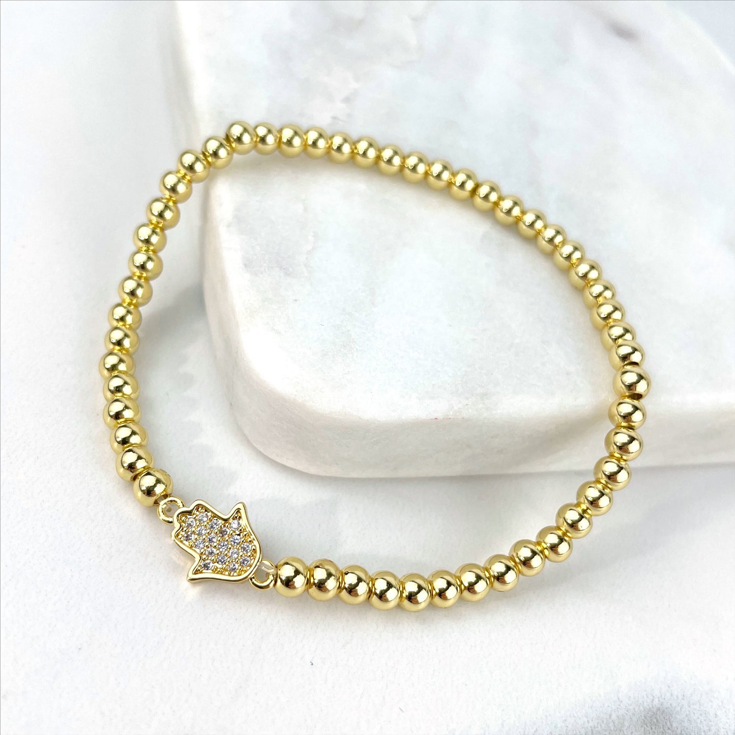 18k Gold Filled 4mm Beaded Bracelet with Clear Micro Cubic Zirconia Hamsa Hand Charm, Wholesale Jewelry Making Supplies