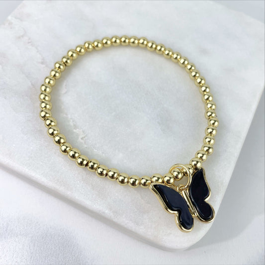 18k Gold Filled 4mm Beads Beaded Bracelet with Black Butterfly Charms Bracelet, Wholesale Jewelry Making Supplies