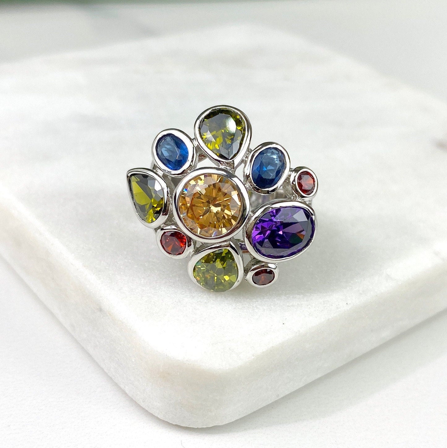 Silver Filled Colored Cubic Zirconia Flower Ring, Wholesale Jewelry Making Supplies