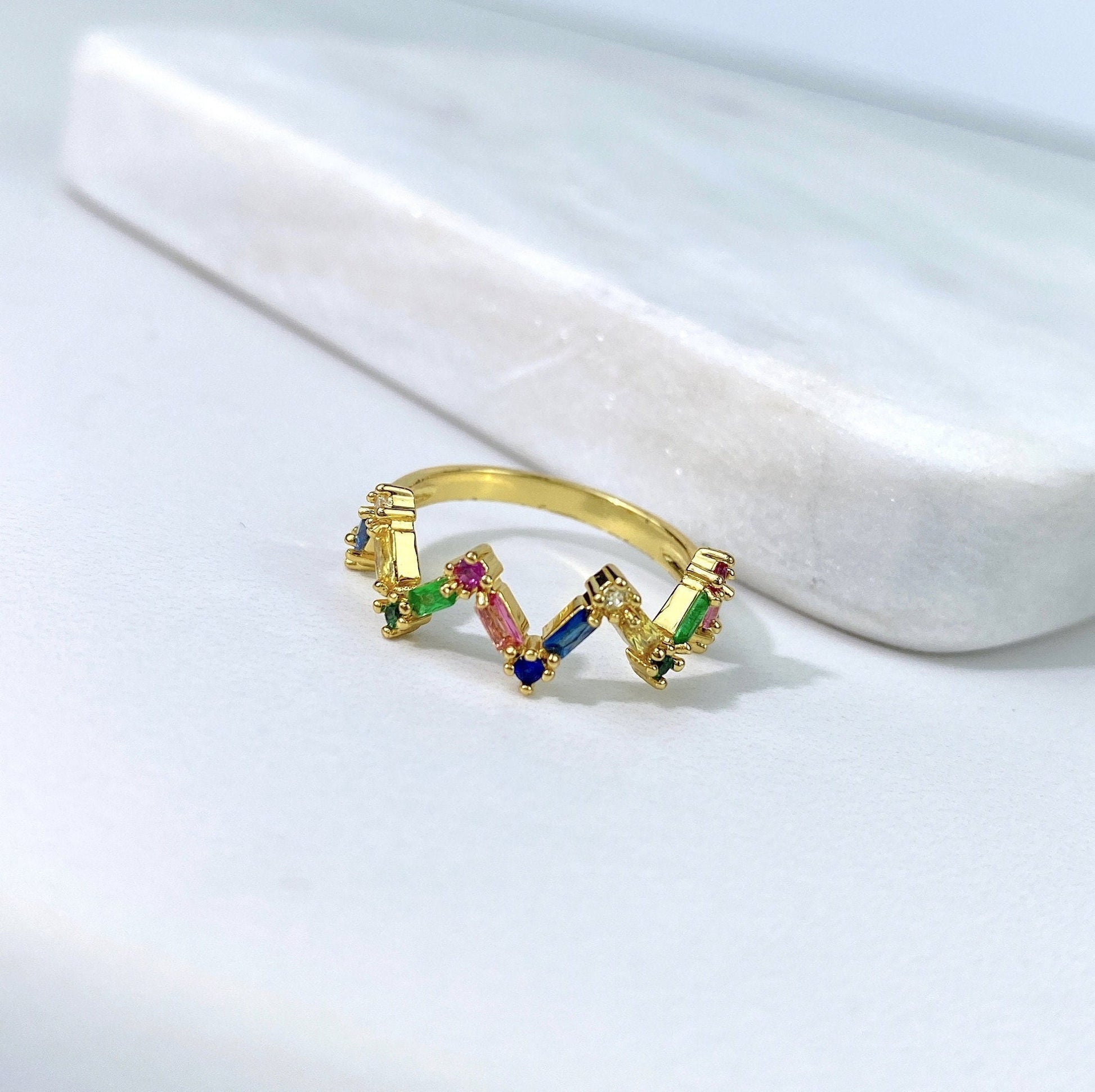 18k Gold Filled Zig Zag Rainbow Colored Cubic Zirconia Wave Ring, Wholesale Jewelry Making Supplies