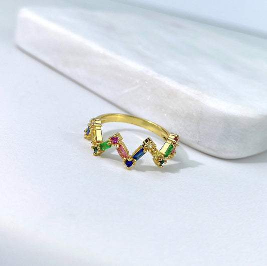 18k Gold Filled Zig Zag Rainbow Colored Cubic Zirconia Wave Ring, Wholesale Jewelry Making Supplies