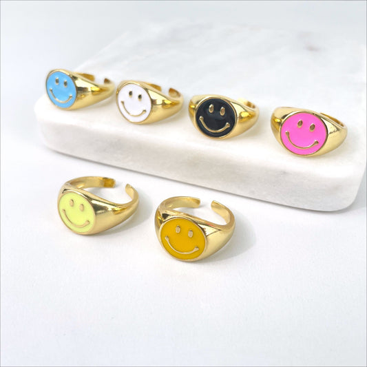 18k Gold Filled Colorful Enamel Cutie Face, Funny Face, Happy Face Adjustable Rings Wholesale Jewelry Making Supplies
