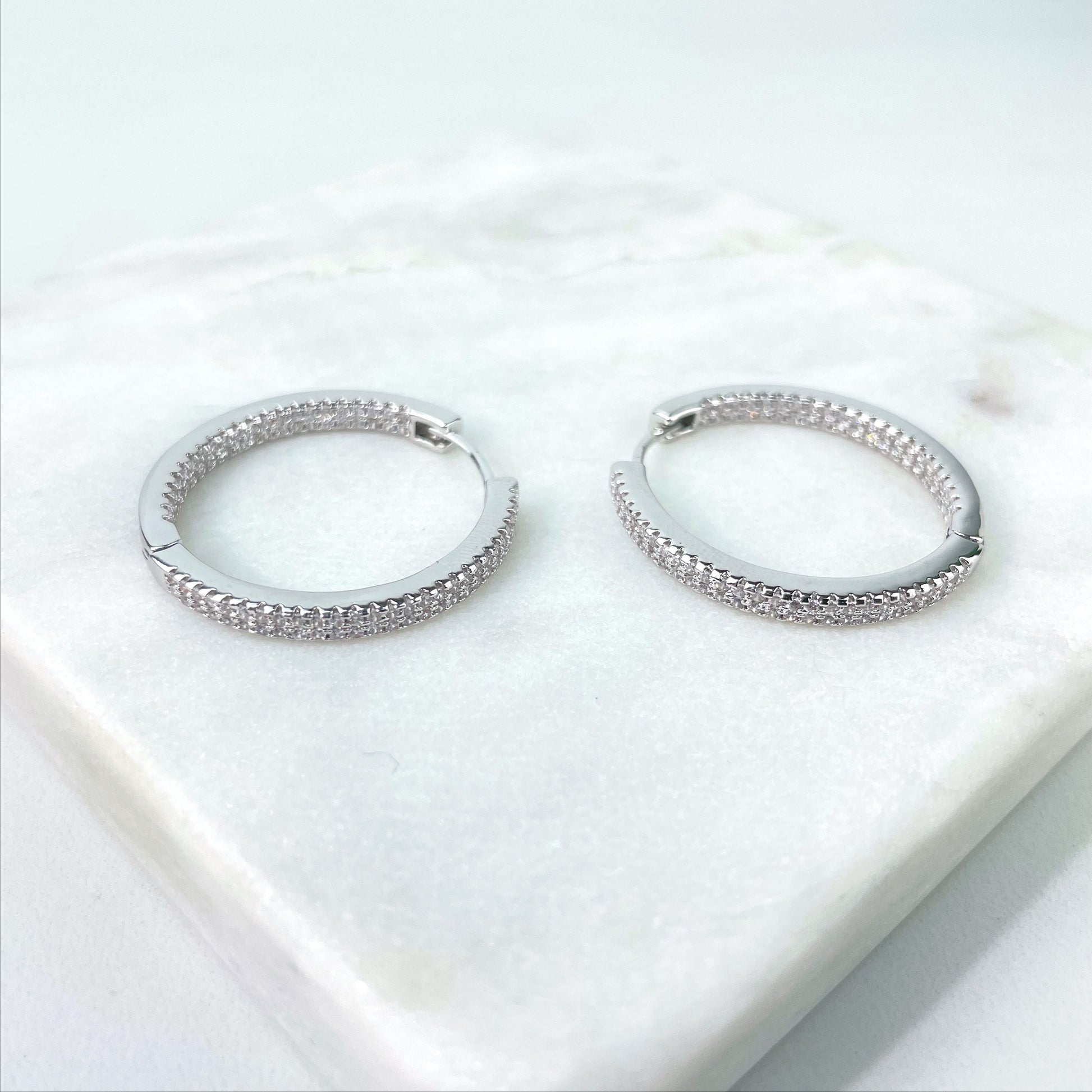 Silver Filled 30mm Clear Micro Pave Cubic Zirconia Hoop Huggie Earrings, Minimalist Jewelry, Wholesale Jewelry Making Supplies