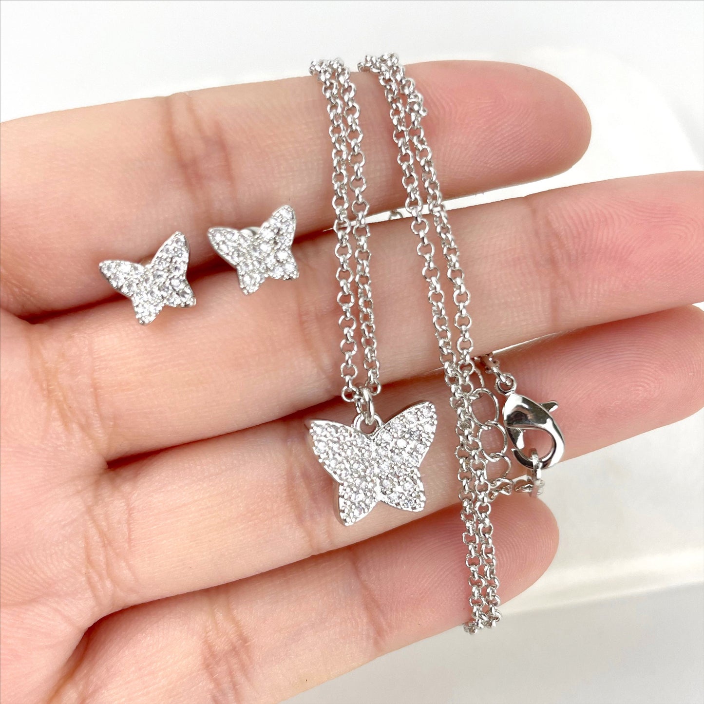 Silver Filled 1.6mm Cable Chain Necklace with Cubic Zirconia Petite Butterfly Pendant & Stud Earrings Set Wholesale Jewelry Supplies