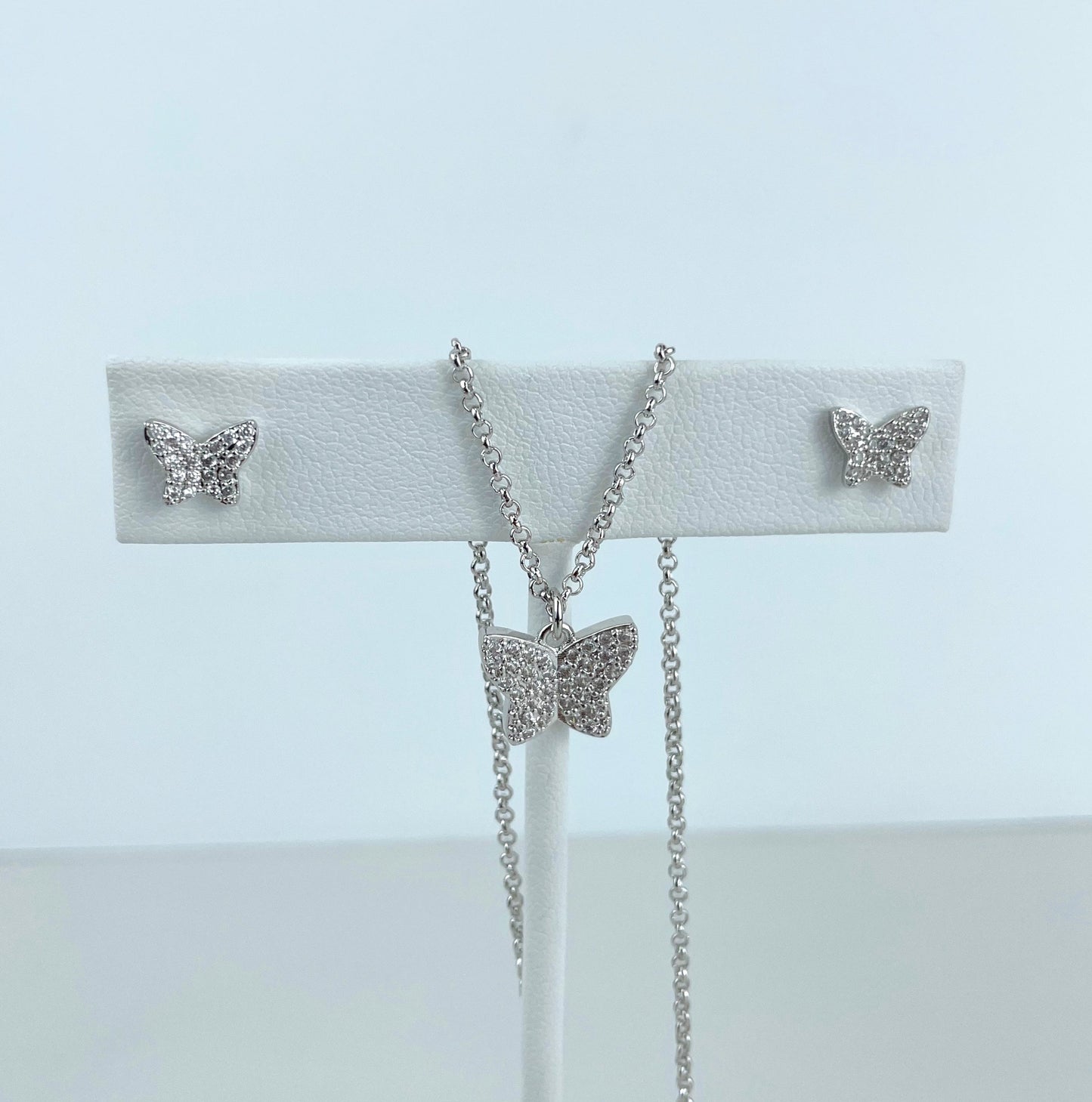 Silver Filled 1.6mm Cable Chain Necklace with Cubic Zirconia Petite Butterfly Pendant & Stud Earrings Set Wholesale Jewelry Supplies