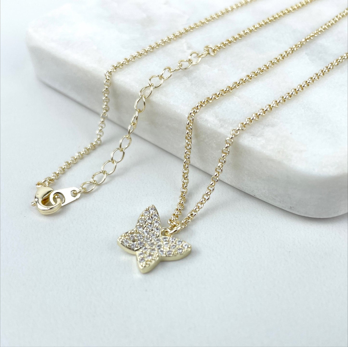18k Gold Filled 1.6mm Cable Chain Necklace with Cubic Zirconia Petite Butterfly Shape Pendant & Stud Earrings Set Wholesale Jewelry Supplies
