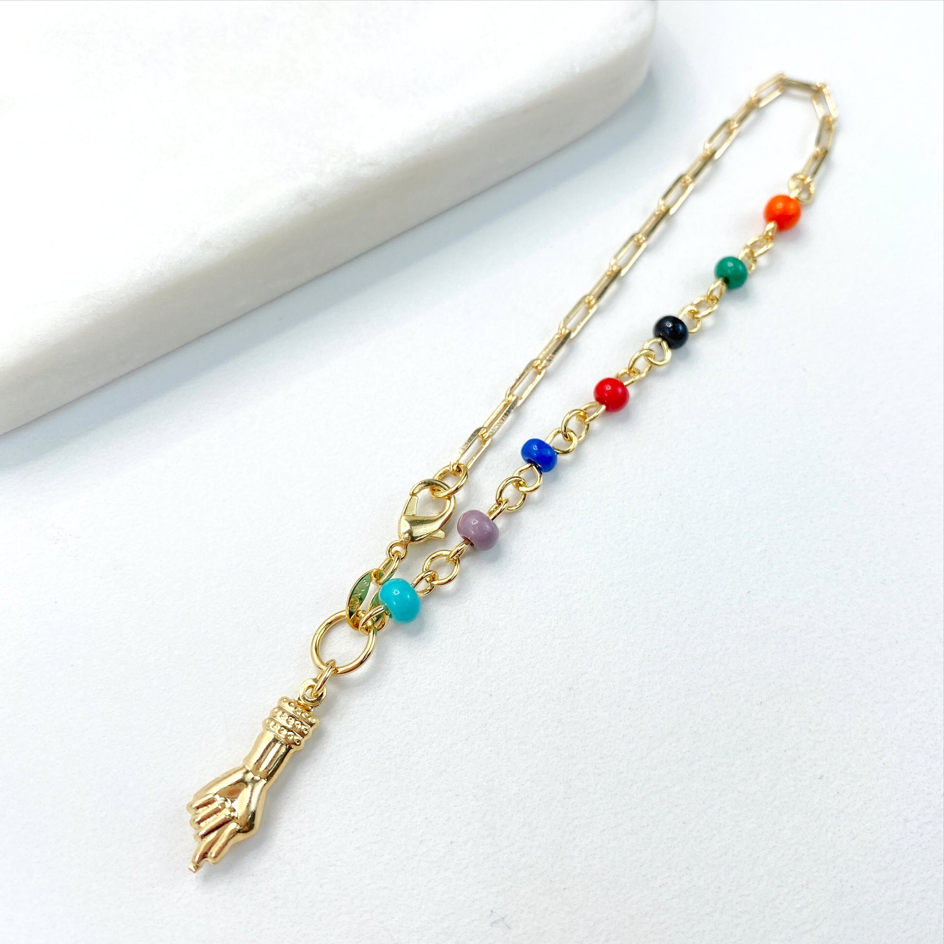 18k Gold Filled 3mm Paper Clip Chain Colored Beads Bracelet Figa Hand Wholesales Jewelry Making Supplies