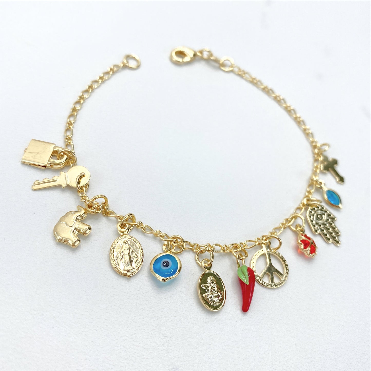 18k Gold Filled Figaro Chain with Cross, Peace, Elephant, Chili, Hamsa Hand, Lock, Key, Saints, Clover Charms Bracelet, Wholesales Jewelry