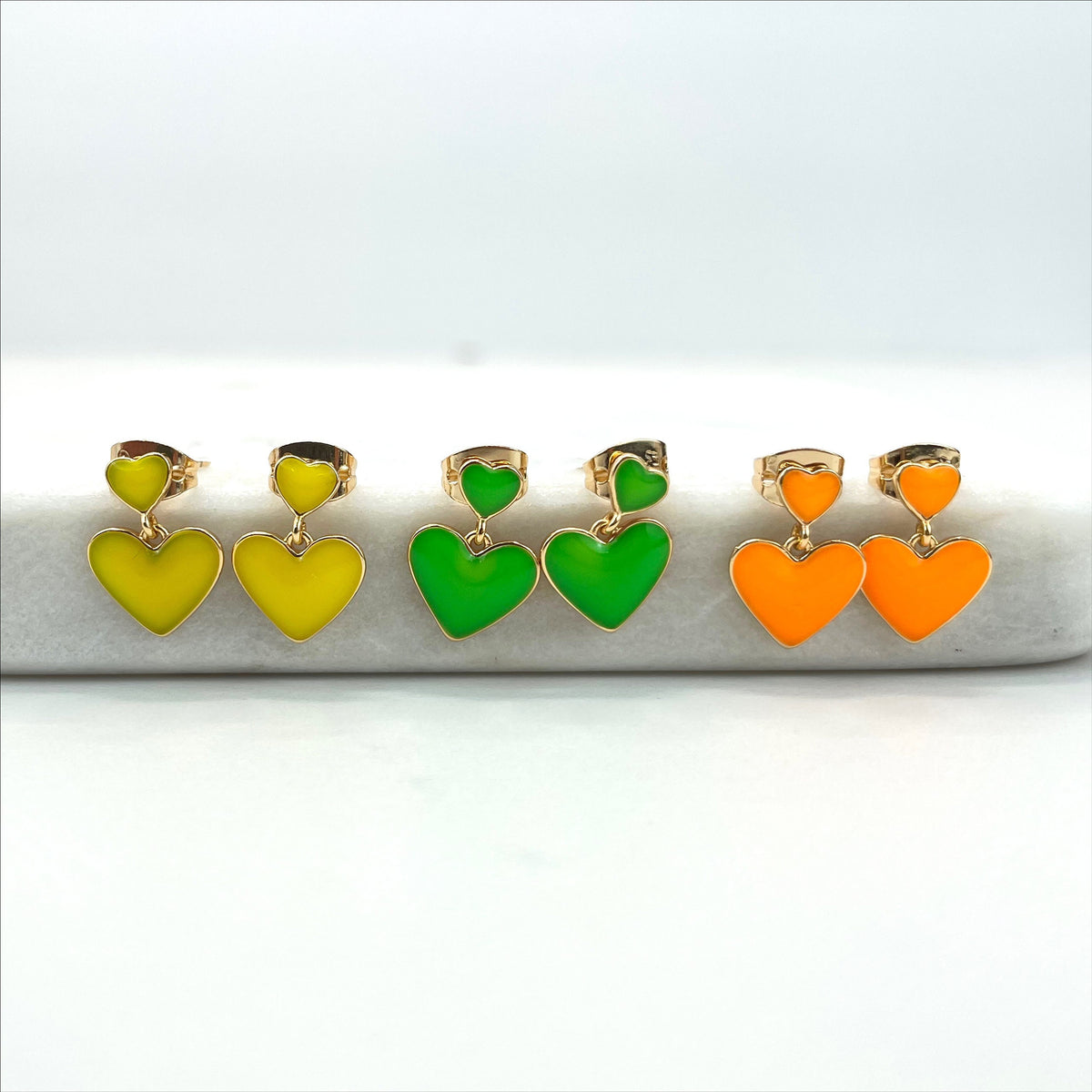 18k Gold Filled Colored Enamel Orange, Green or Yellow Hearts Earrings, Fashion Earrings, Wholesale Jewelry Making Supplies