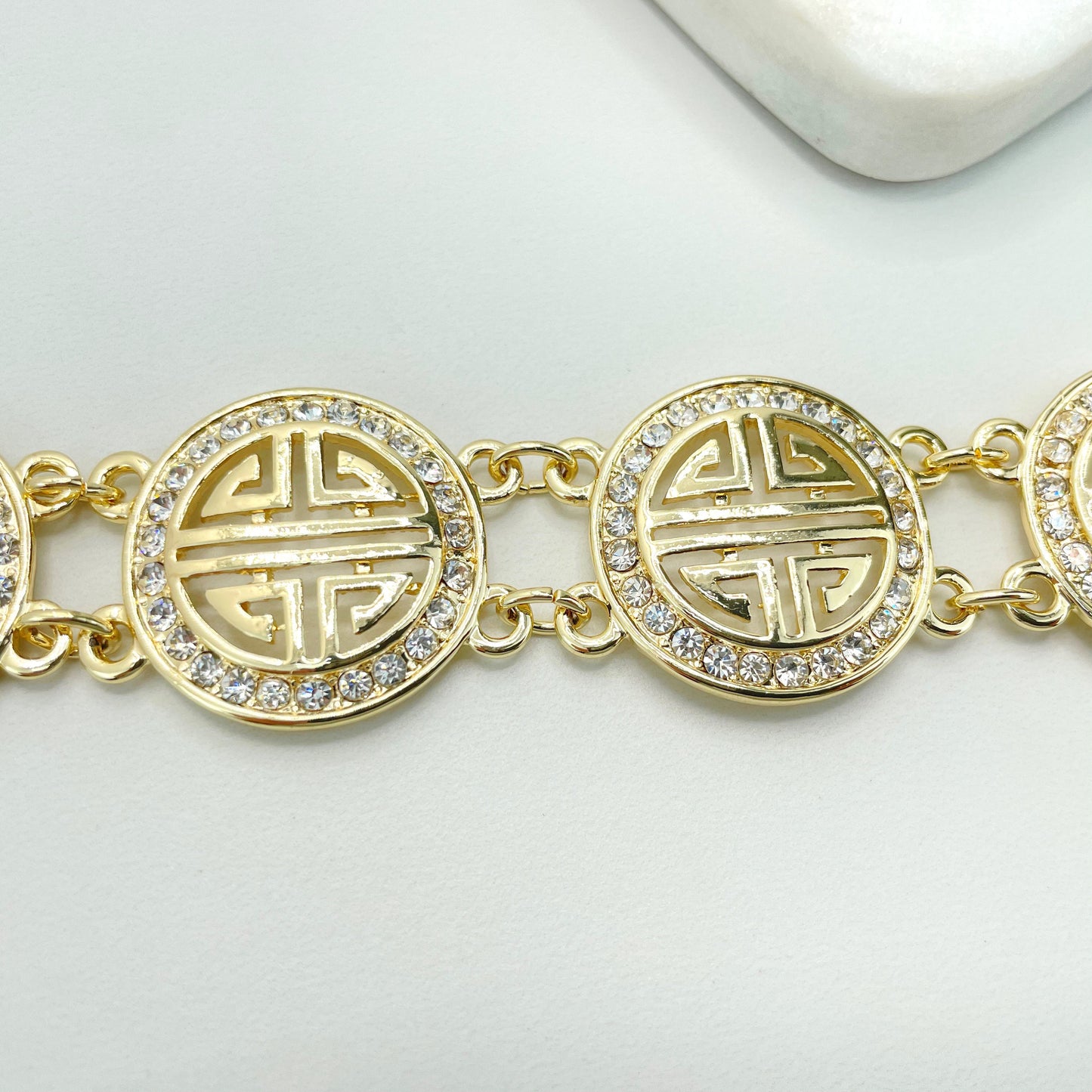18k Gold Plated Cubic Zirconia Chinese Four Blessing Symbol Bracelet, Spring Clasp Wholesale Jewelry Making Supplies
