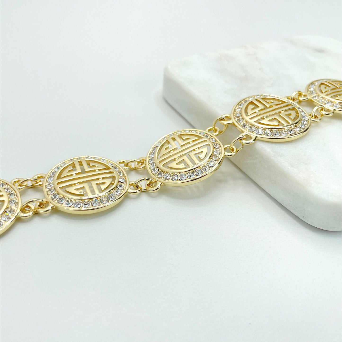 18k Gold Plated Cubic Zirconia Chinese Four Blessing Symbol Bracelet, Spring Clasp Wholesale Jewelry Making Supplies
