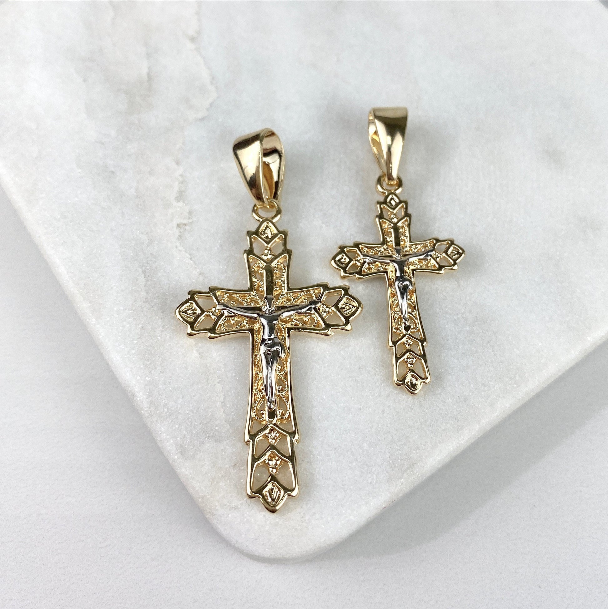 18k Gold Filled Cross Jesus, Crucifix Charms Pendant, Two Tone Gold & Silver, 1.6 Inches or 2 Inches, Wholesale Jewelry Making Supplies