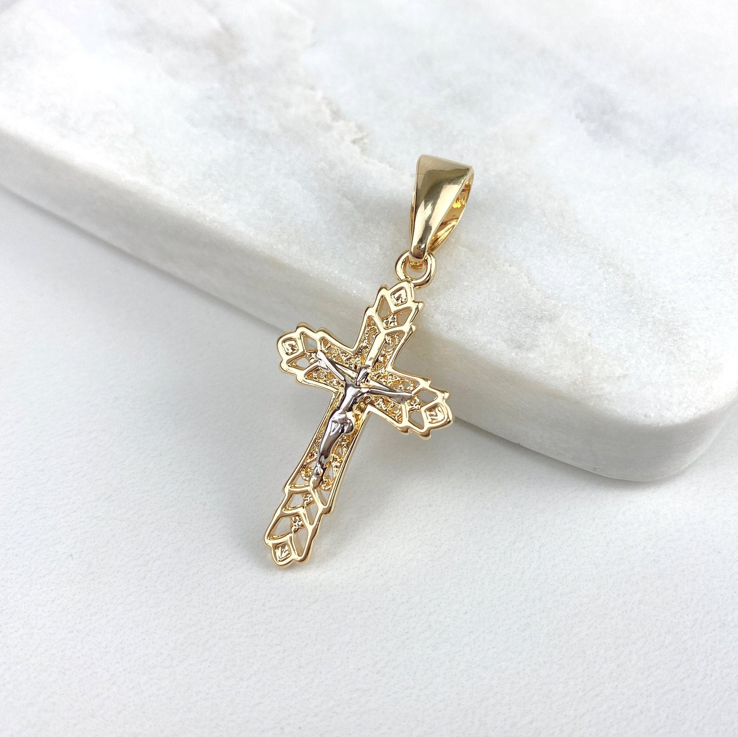 18k Gold Filled Cross Jesus, Crucifix Charms Pendant, Two Tone Gold & Silver, 1.6 Inches or 2 Inches, Wholesale Jewelry Making Supplies