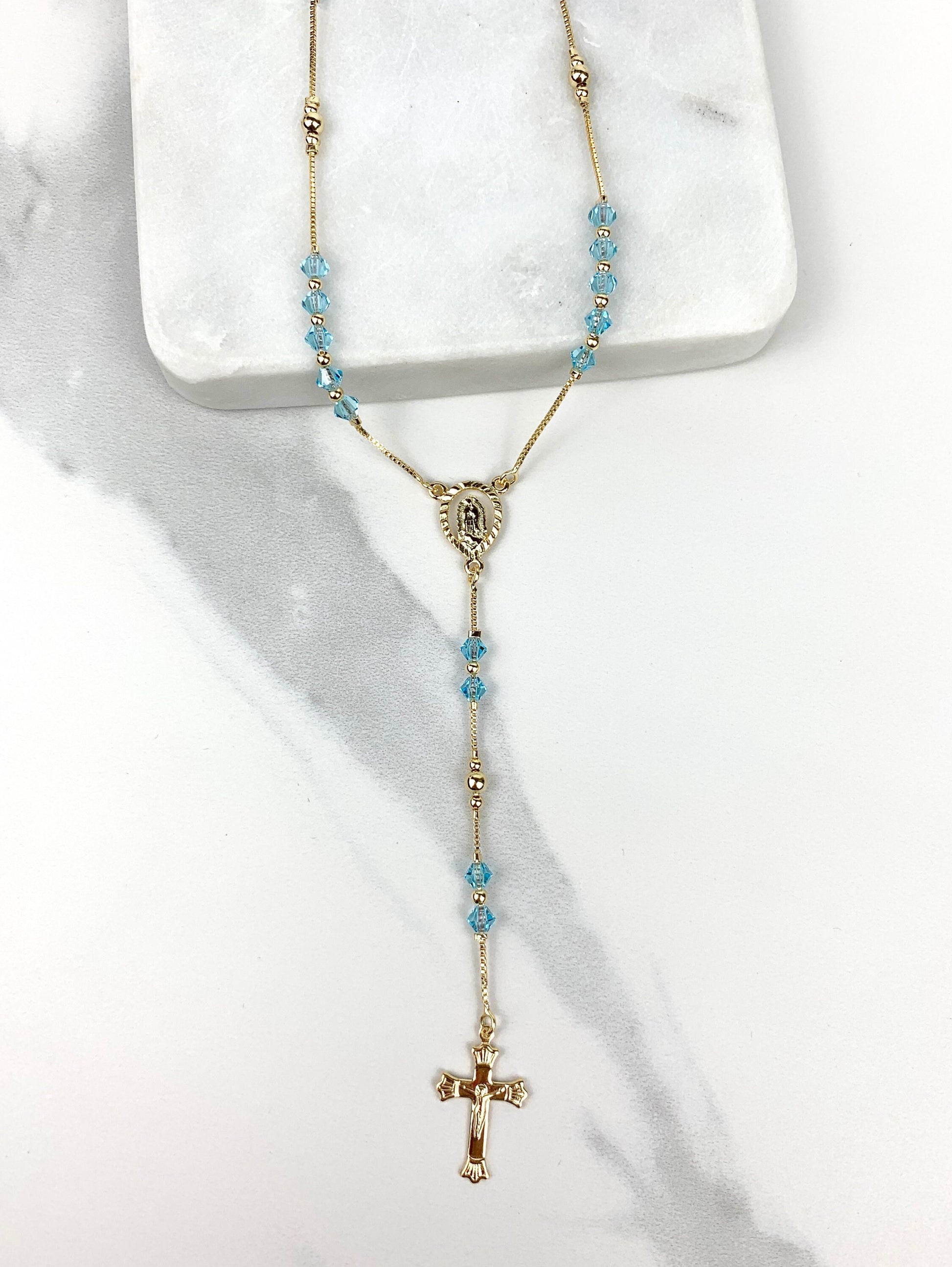 18k Gold Filled Aquamarine Beads Our Lady of Guadalupe (Virgen de Guadalupe) Rosary, Religious Protection, Wholesale and Jewelry Supplies