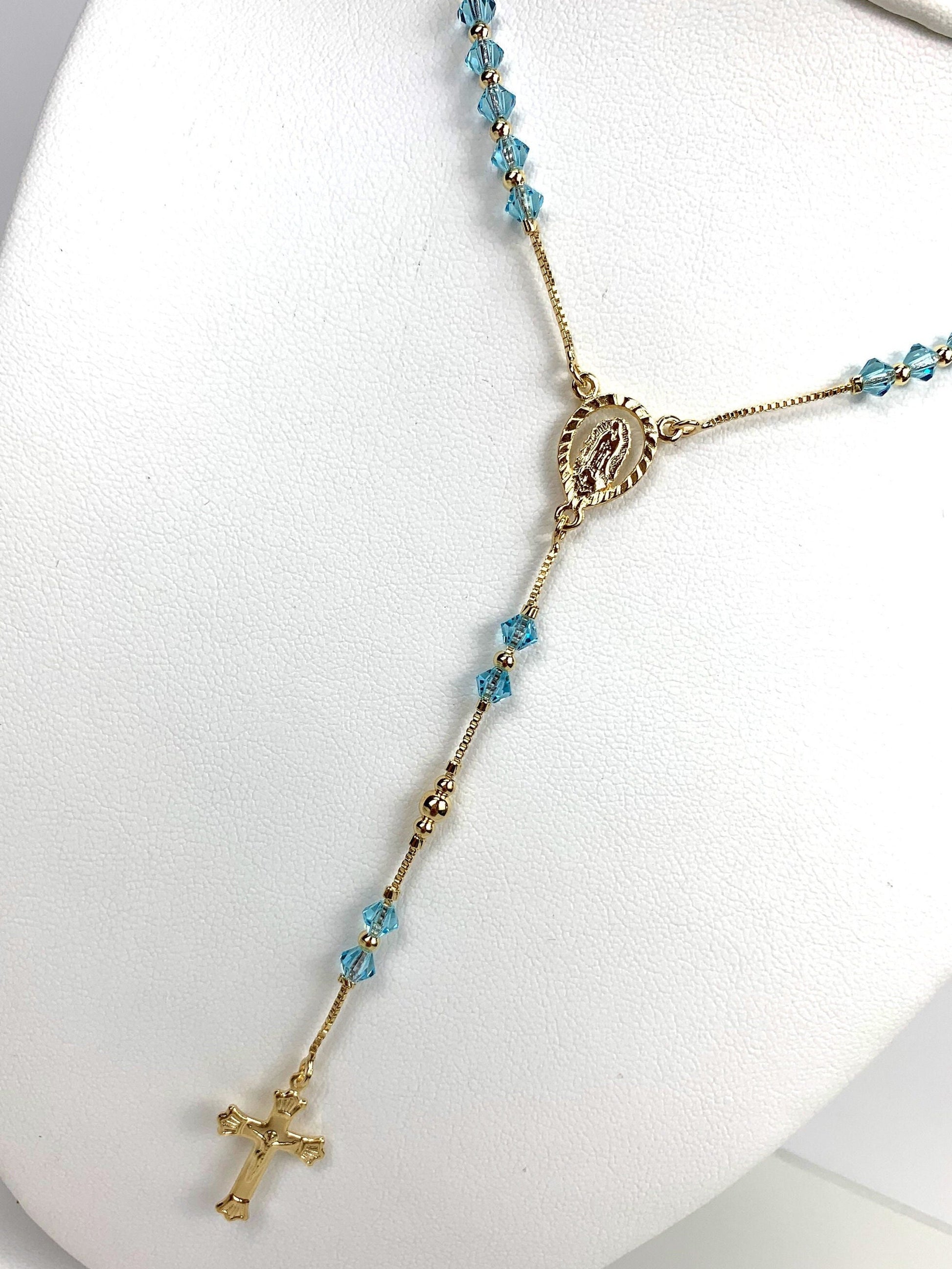 18k Gold Filled Aquamarine Beads Our Lady of Guadalupe (Virgen de Guadalupe) Rosary, Religious Protection, Wholesale and Jewelry Supplies