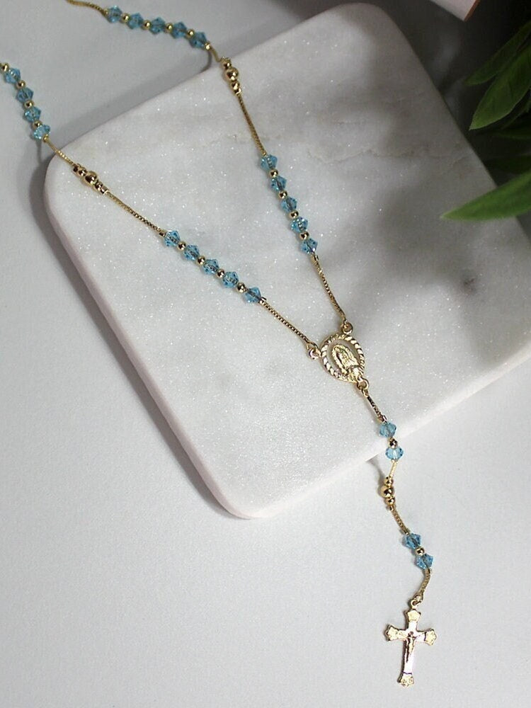18k Gold Filled Aquamarine Beads Our Lady of Guadalupe (Virgen de Guadalupe) Rosary, Religious Protection, Wholesale and Jewelry Supplies
