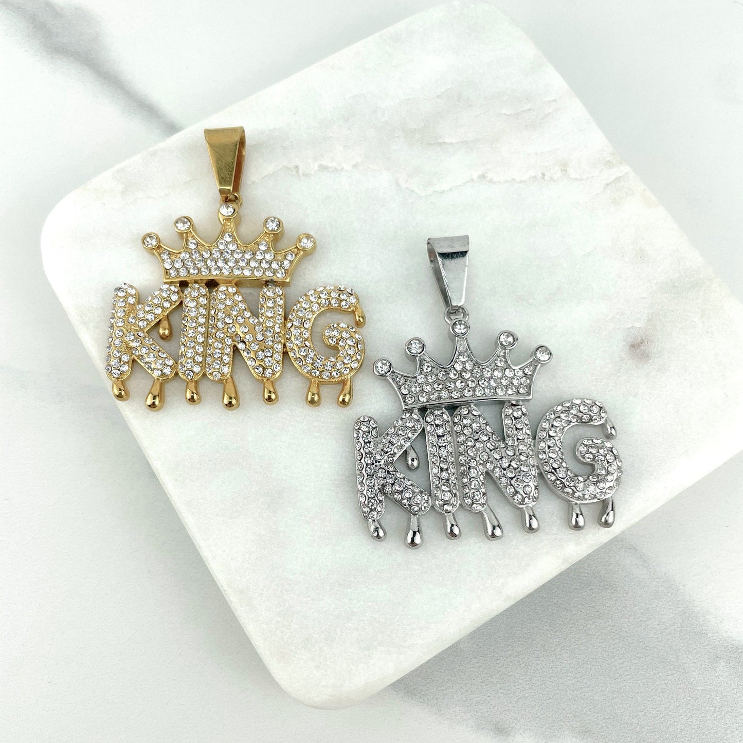 Gold Plated On Stainless Steel Cubic Zirconia Ice King with Crown Pendant, Gold or Silver, Hip Hop, Wholesale Jewelry Making Supplies