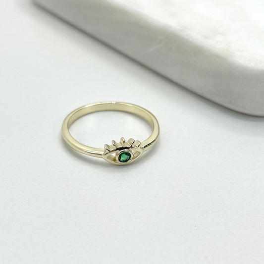 18k Gold Filled Green Cubic Zirconia Evil Eye Ring, Delicate Stackable Ring, Protection Ring, Wholesale Jewelry Supplies