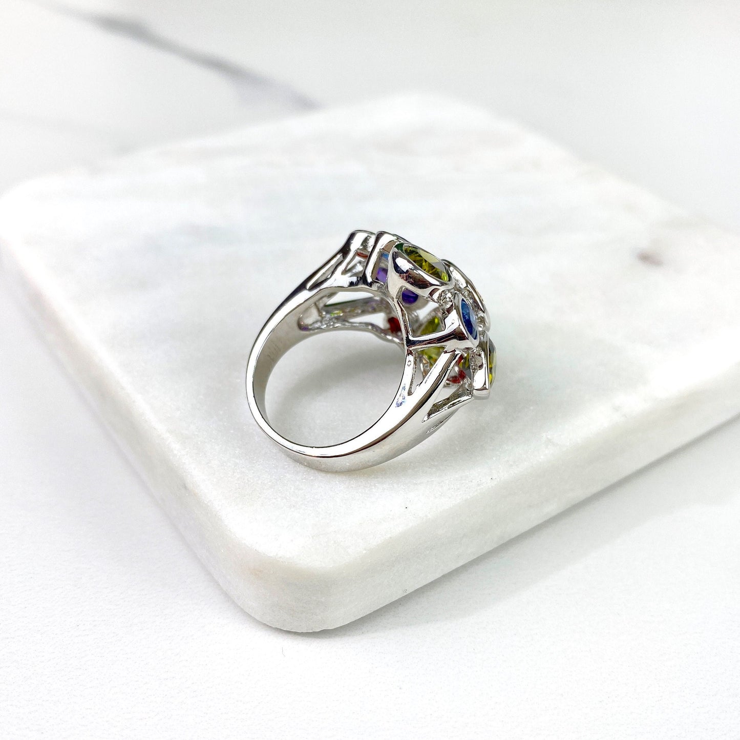 Silver Filled Colored Cubic Zirconia Flower Ring, Wholesale Jewelry Making Supplies