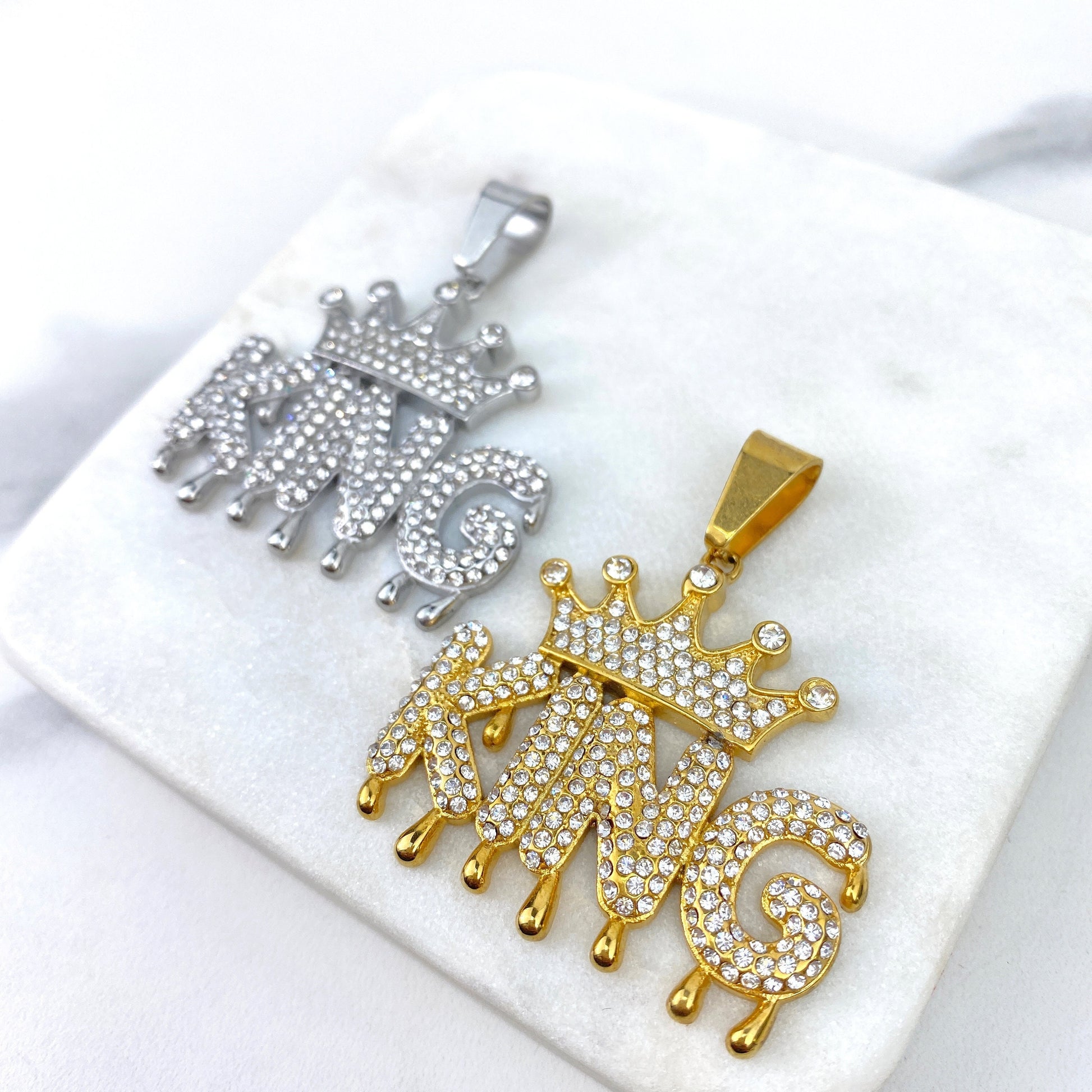 Gold Plated On Stainless Steel Cubic Zirconia Ice King with Crown Pendant, Gold or Silver, Hip Hop, Wholesale Jewelry Making Supplies