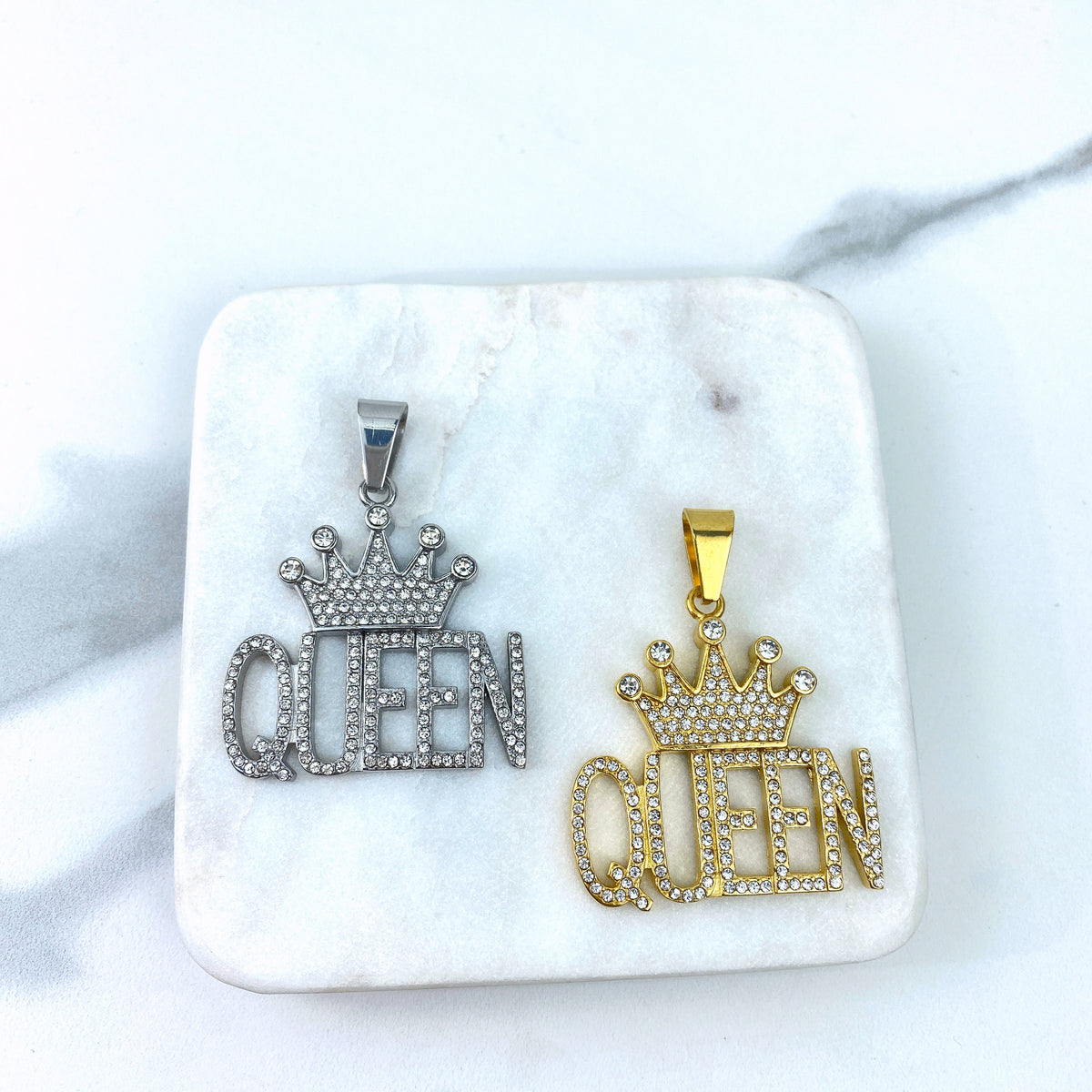 Gold Plated On Stainless Steel Cubic Zirconia Queen with Crown Pendant, Gold or Silver, Hip Hop, Wholesale Jewelry Making Supplies