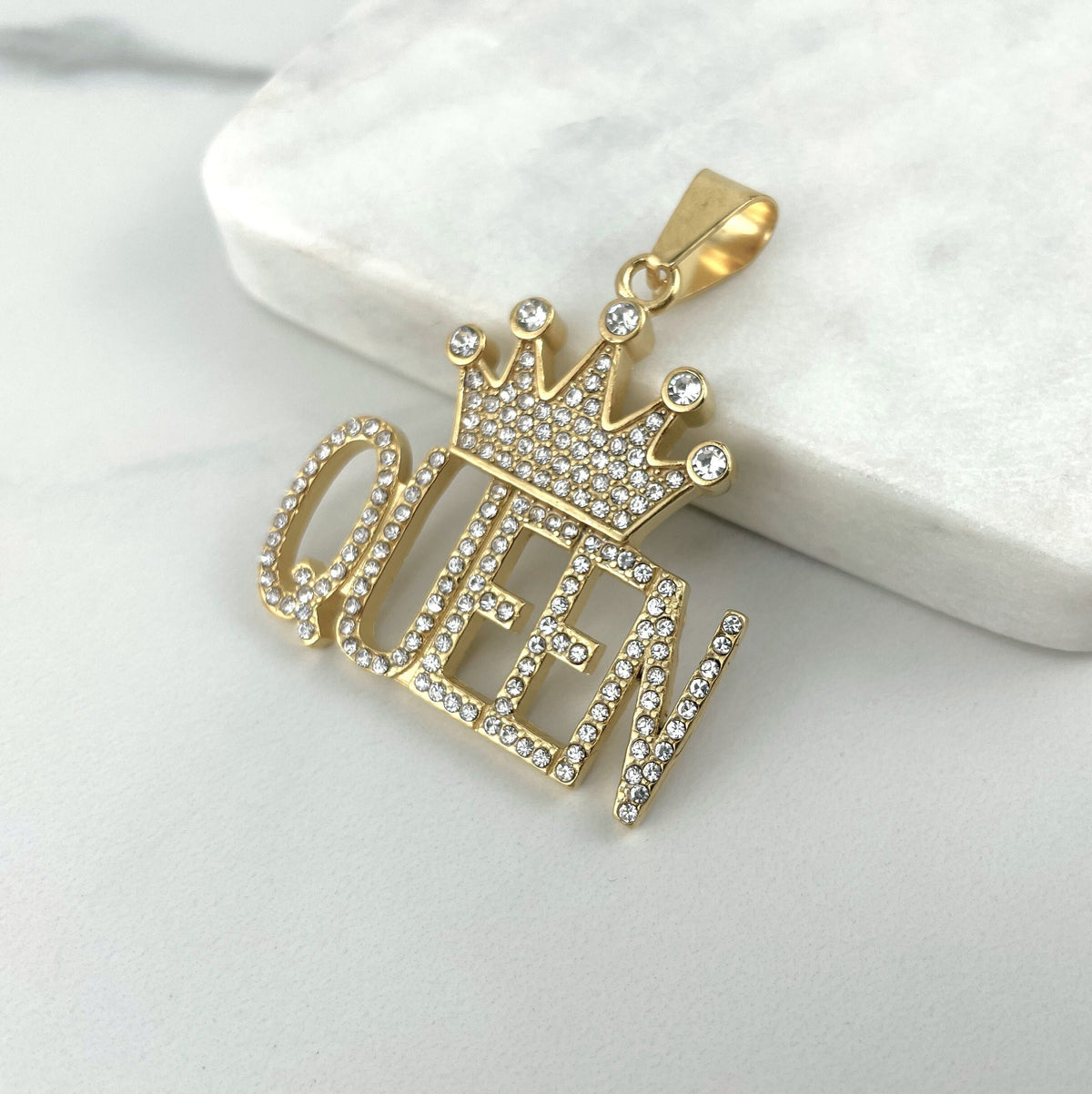 Gold Plated On Stainless Steel Cubic Zirconia Queen with Crown Pendant, Gold or Silver, Hip Hop, Wholesale Jewelry Making Supplies