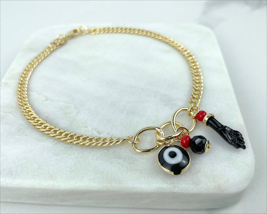 18k Gold Filled 4mm Curb Link, Figa Hand, Evil Eye, Simulated Azabache Charms Anklet Wholesale Jewelry Supplies