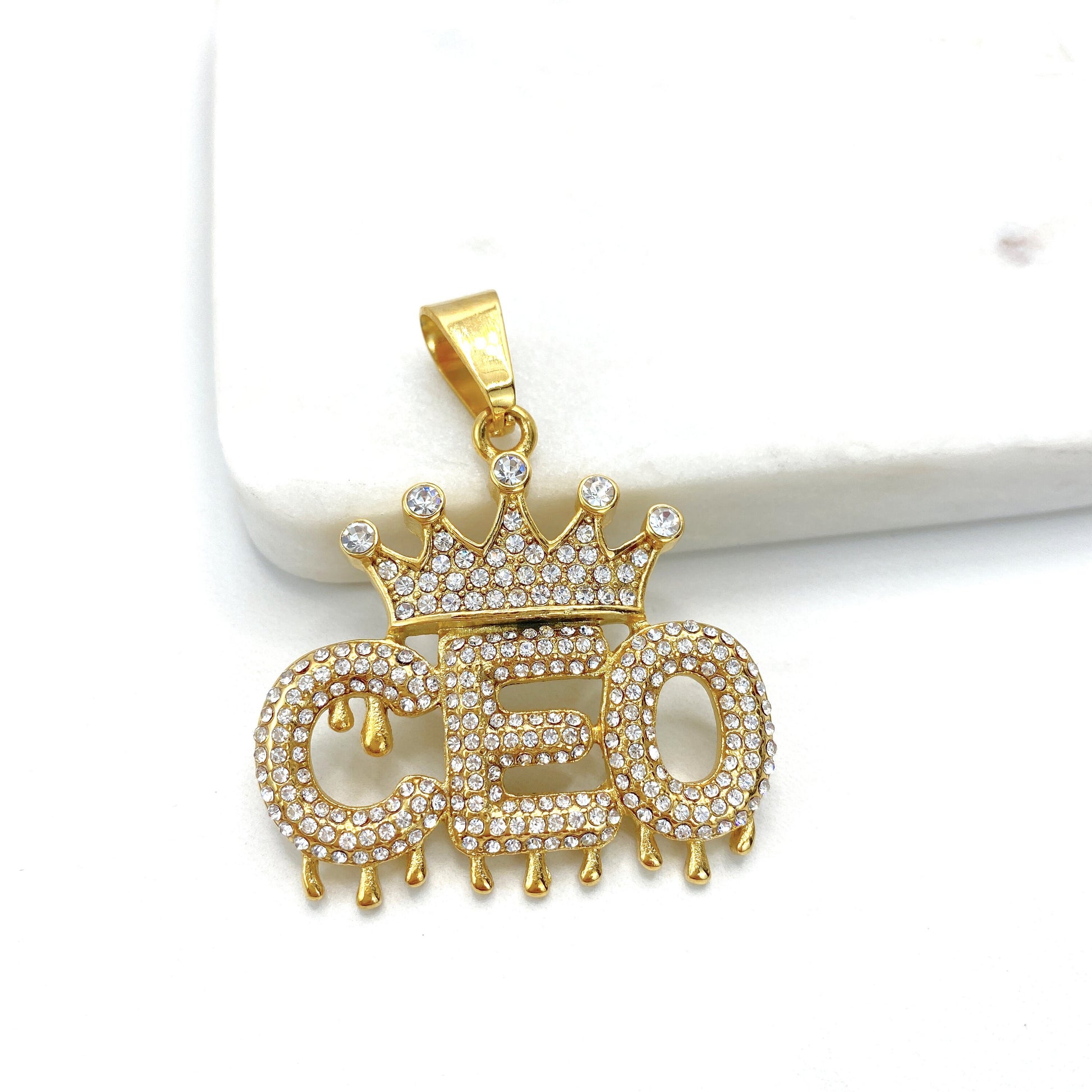 Stainless Steal with Clear Cubic Zirconia ''CEO'' Word Letter Charms Pendant, Gold or Silver, Wholesale Jewelry Making Supplies