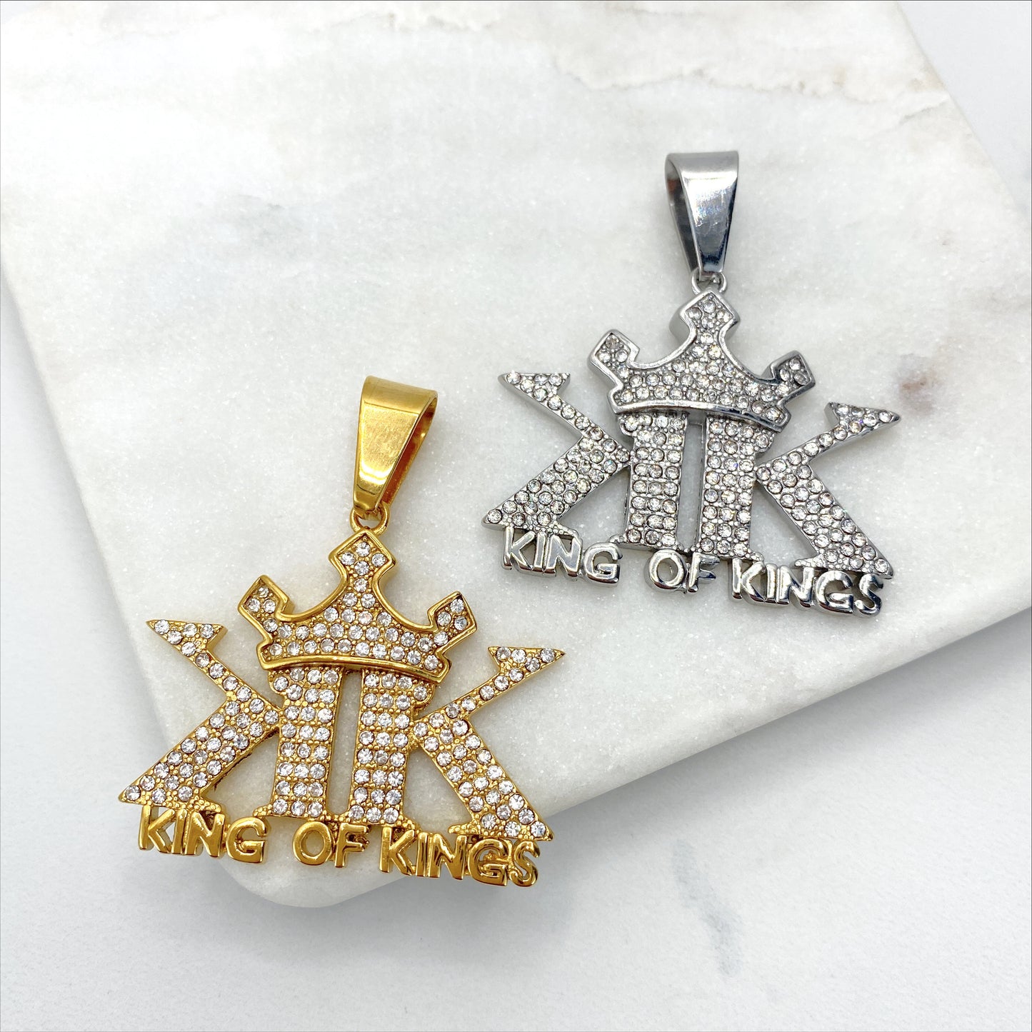 Stainless Steal, Cubic Zirconia ''King of Kings'' KK Charms Pendant, Gold or Silver, Wholesale Jewelry Making Supplies