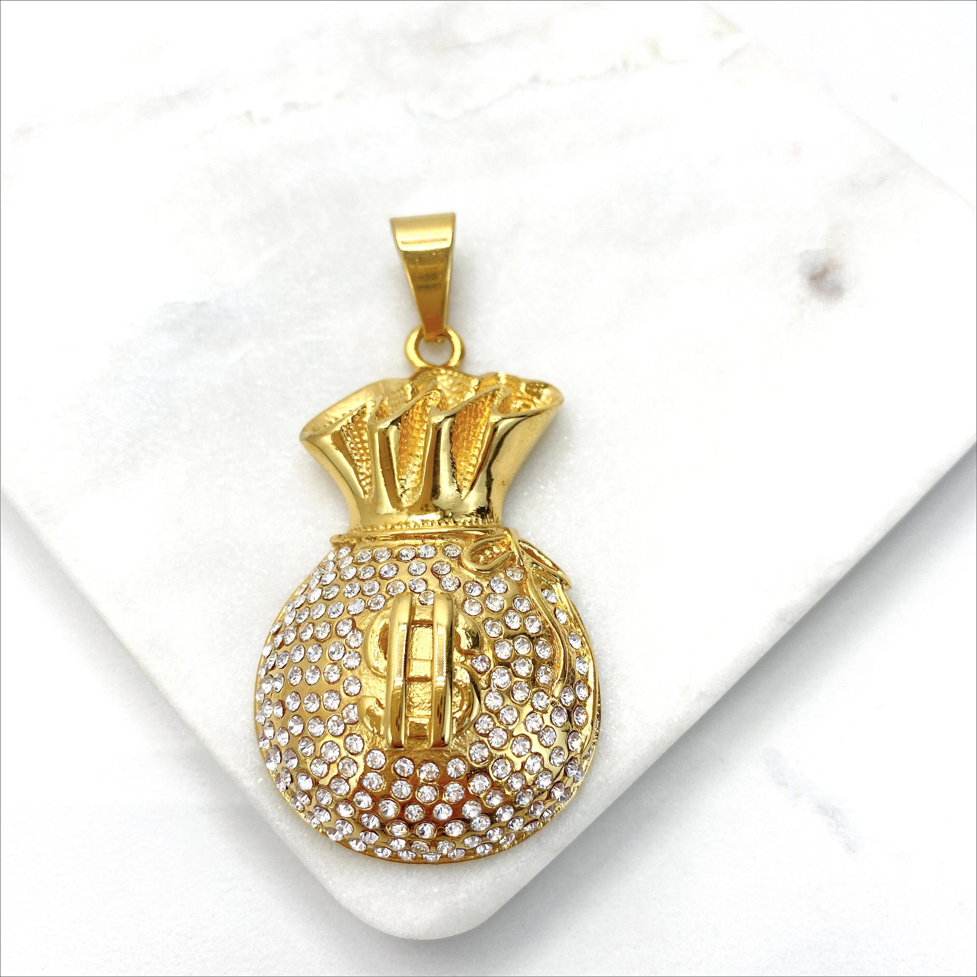 Stainless Steal, Cubic Zirconia ''Bag of Money'' Charms Pendant, Gold or Silver, Wholesale Jewelry Making Supplies