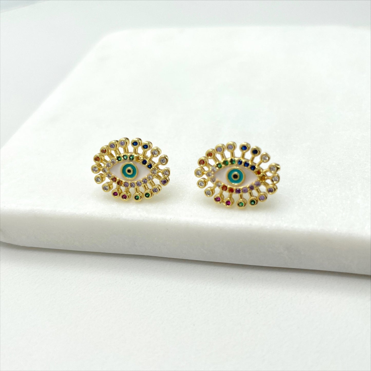 18k Gold Filled Colored Enamel & Cubic Zirconia Evil Eyes, 15mm Earrings and 23mm Pendant Charms Wholesale Jewelry Making Supplies