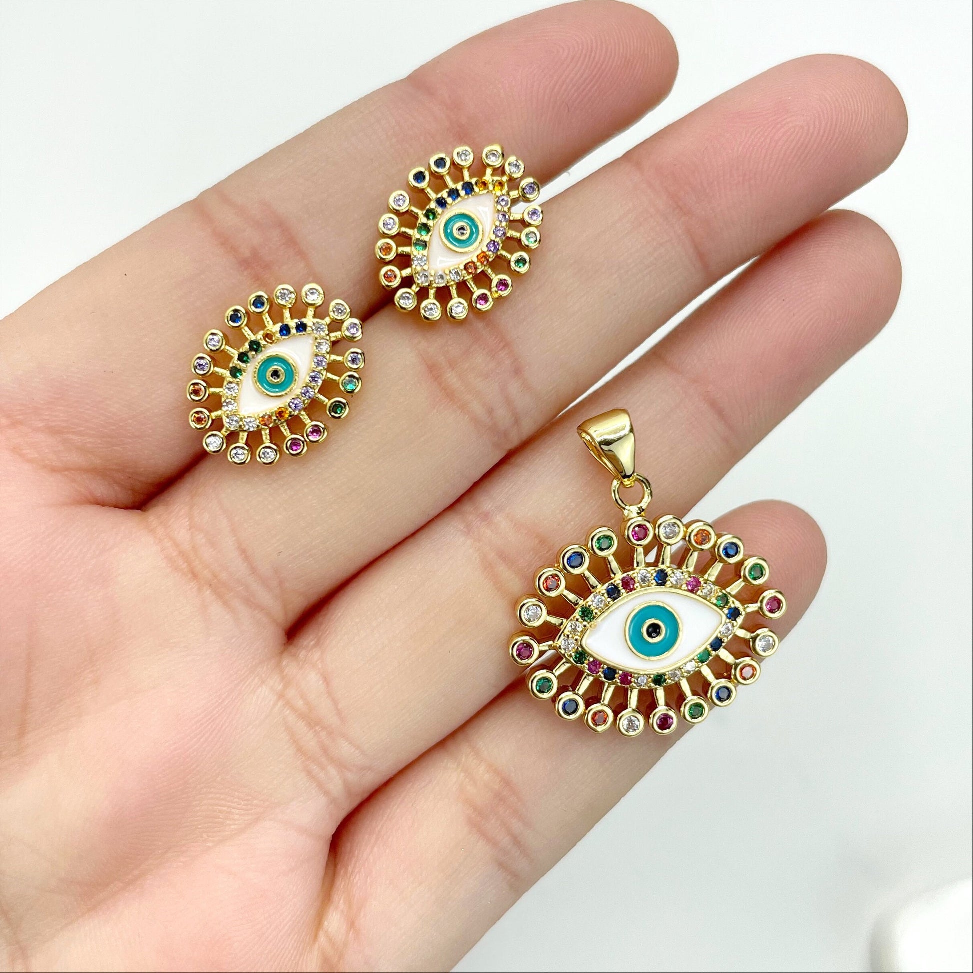 18k Gold Filled Colored Enamel & Cubic Zirconia Evil Eyes, 15mm Earrings and 23mm Pendant Charms Wholesale Jewelry Making Supplies