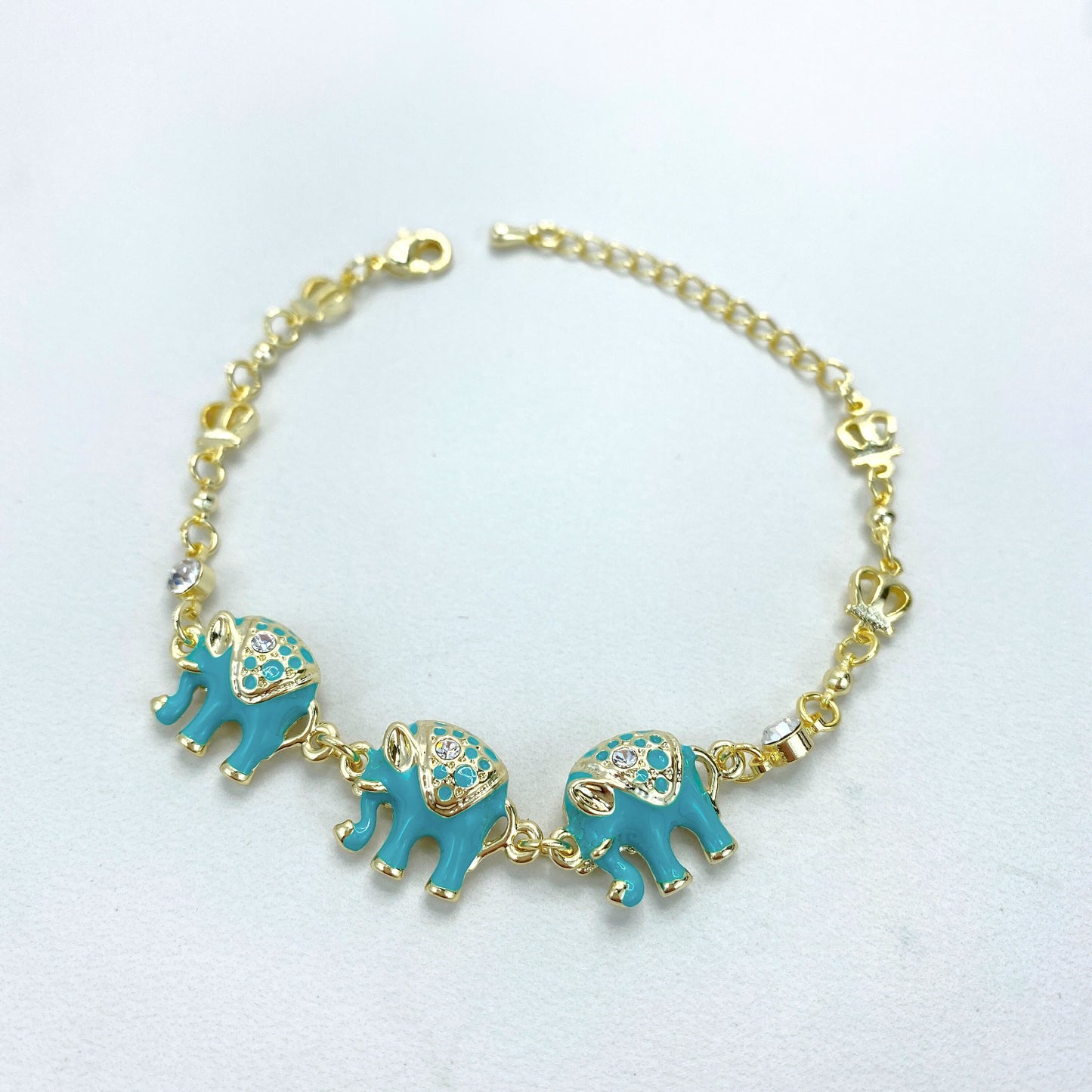 18k Gold Filled Cubic Zirconia and Mini Crown Details and Elephants Charm in Red, Blue or Black Bracelet Wholesale Jewelry Supplies