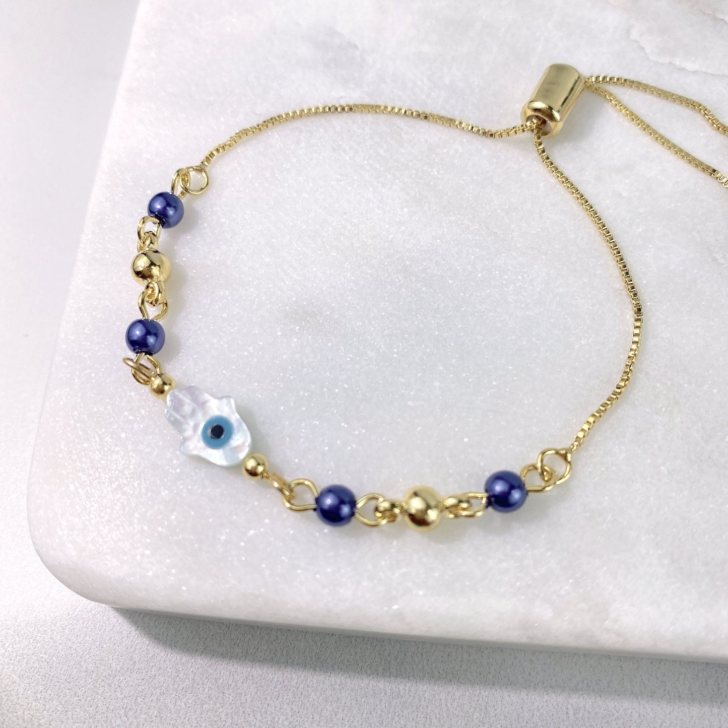18k Gold Filled 1mm Box Chain Blue & Gold Beads, Blue Eye Hamsa Hand, Adjustable Bracelet, Wholesale Jewelry Making Supplies